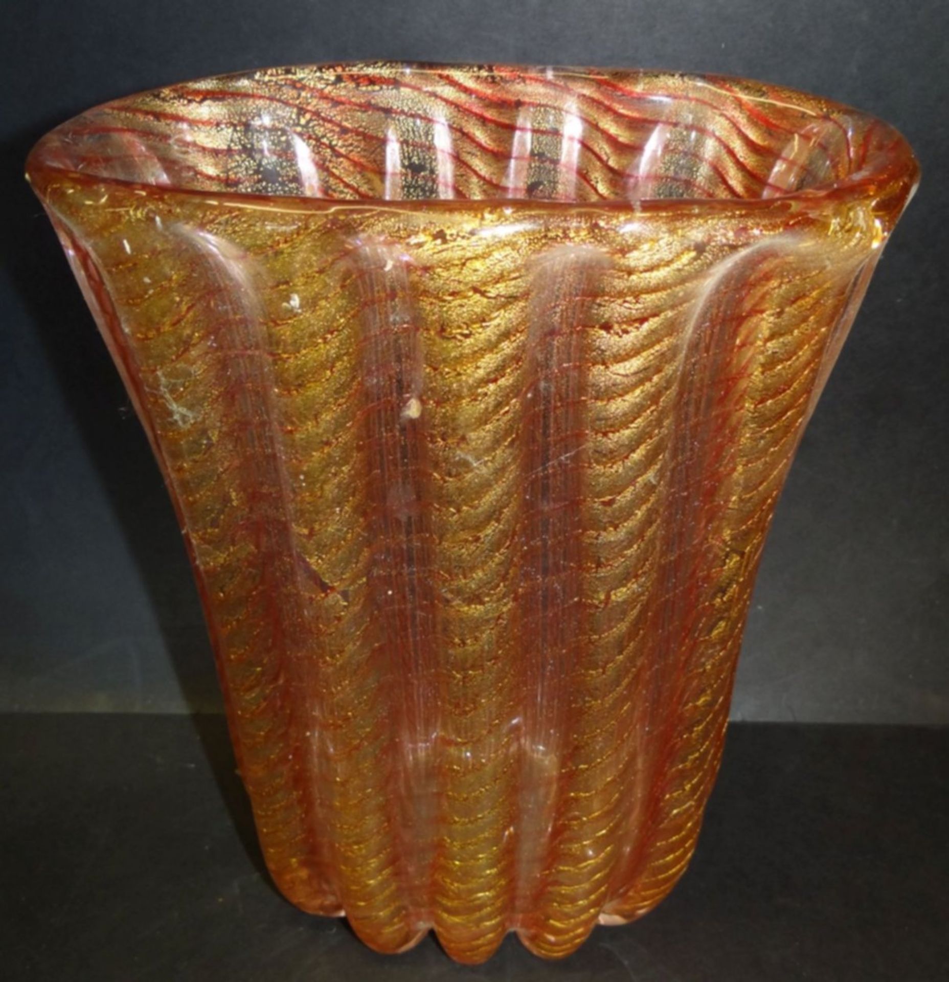 grosse ovoide Vase "Barovier&Toso", Murano, Goldeinschmelzzungen und rote Streifen, H-25 cm, B-20 - Bild 2 aus 5