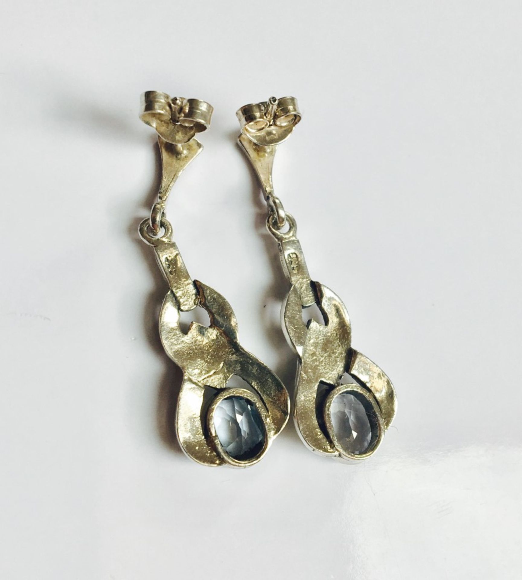 Paar Ohrstecker,Silber 925/000,besetzt mit Markasiten und hellblauen Steinen,Aquamarine?L-35mm,zus. - Bild 3 aus 3