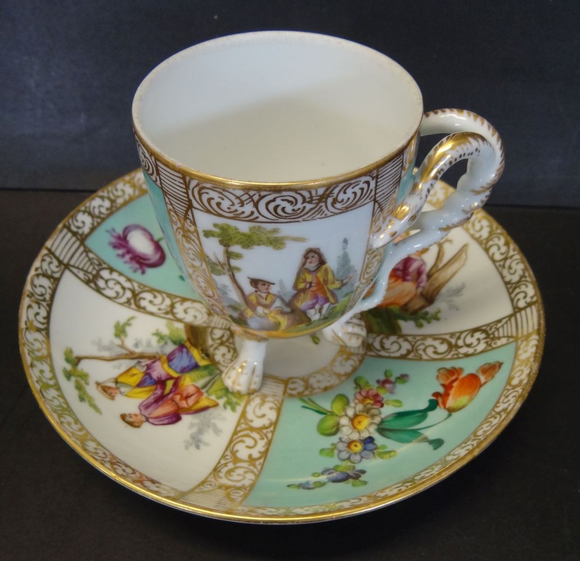 Tasse mit U.T. "Meissen" Blumen und Parkszenen, Untertasse Knaufschwerter, durchschliffen, D-15,5 - Bild 2 aus 9