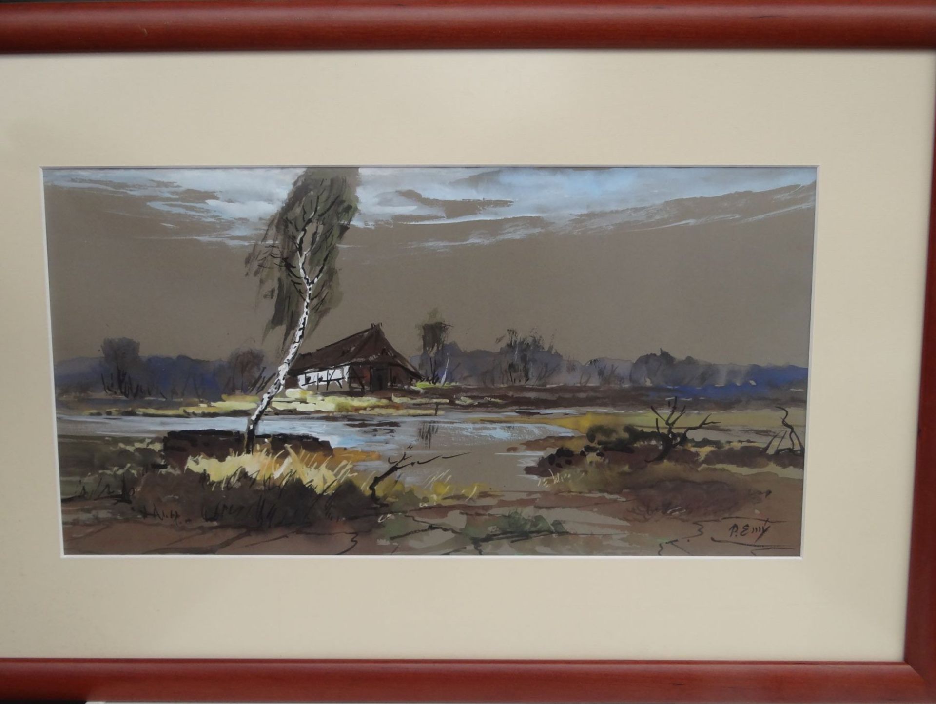 P. Emy "Haus am Fluss" Aquarell, ger/Glas, RG44x68 cm - Bild 2 aus 4