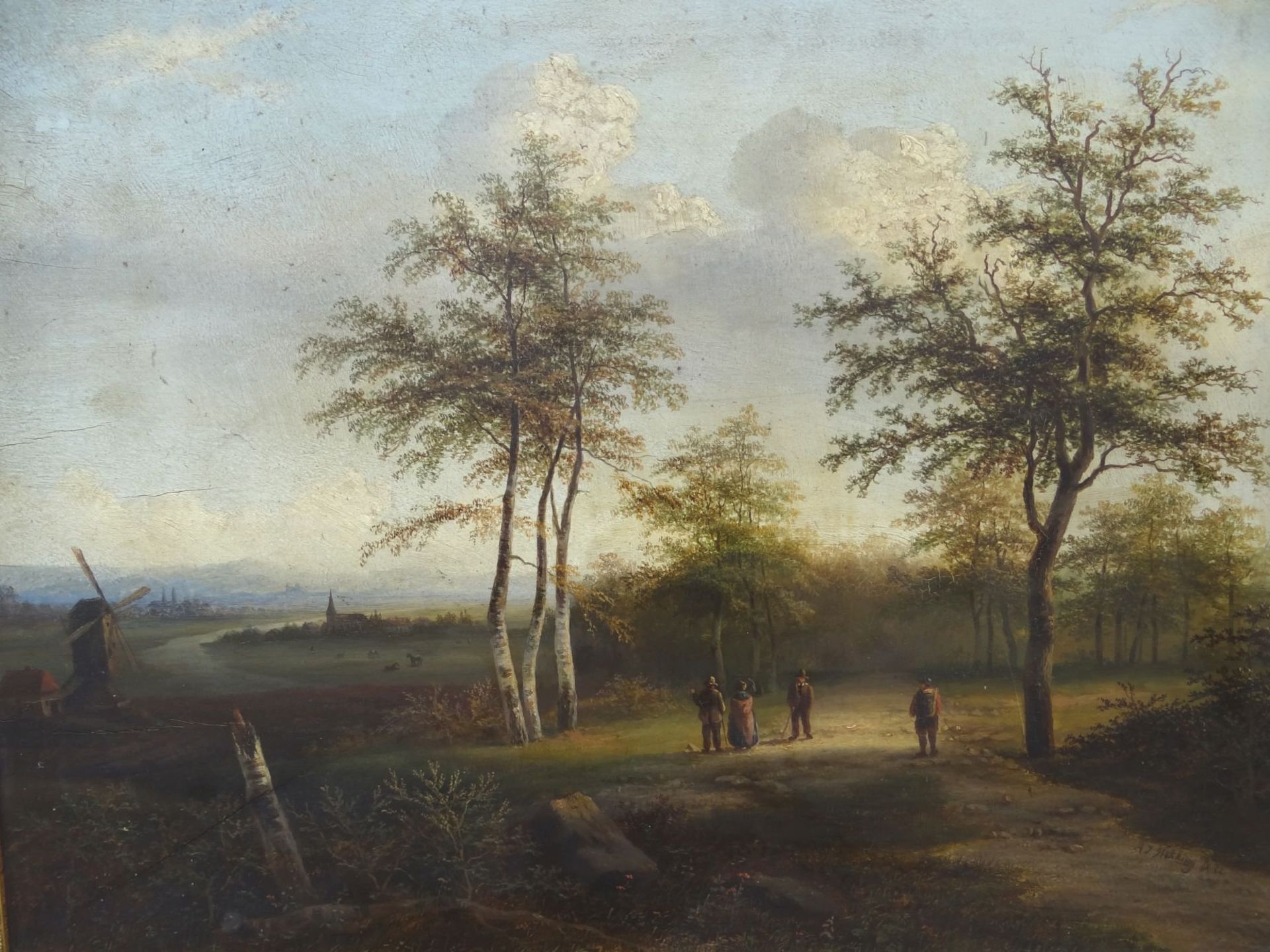 Joseph Antonio HEKKING (Attrib.) (1830-c.1903) "Waldweg mit Figuren, im Hintergrund Kirche und