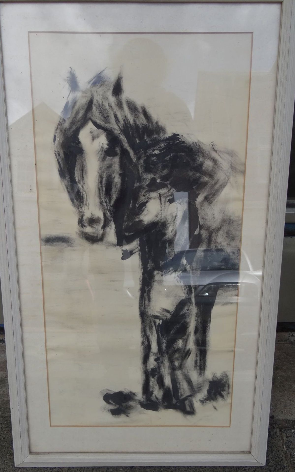 anonyme gropsse Lithografie "Pferd", ger/Glas, RG 73x42 cm - Bild 2 aus 4