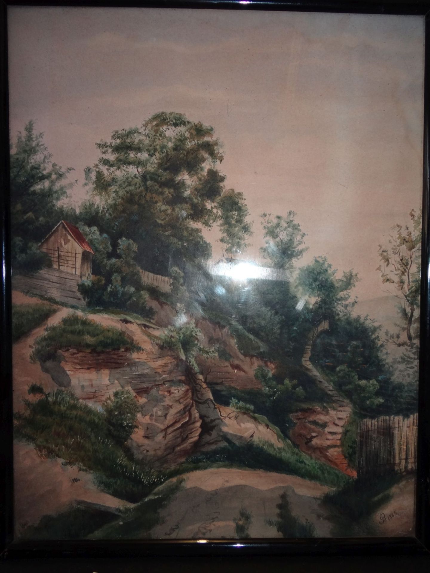GR 1866, Häuser am Berg, Aquarell, ger/Glas, RG 45x35 c