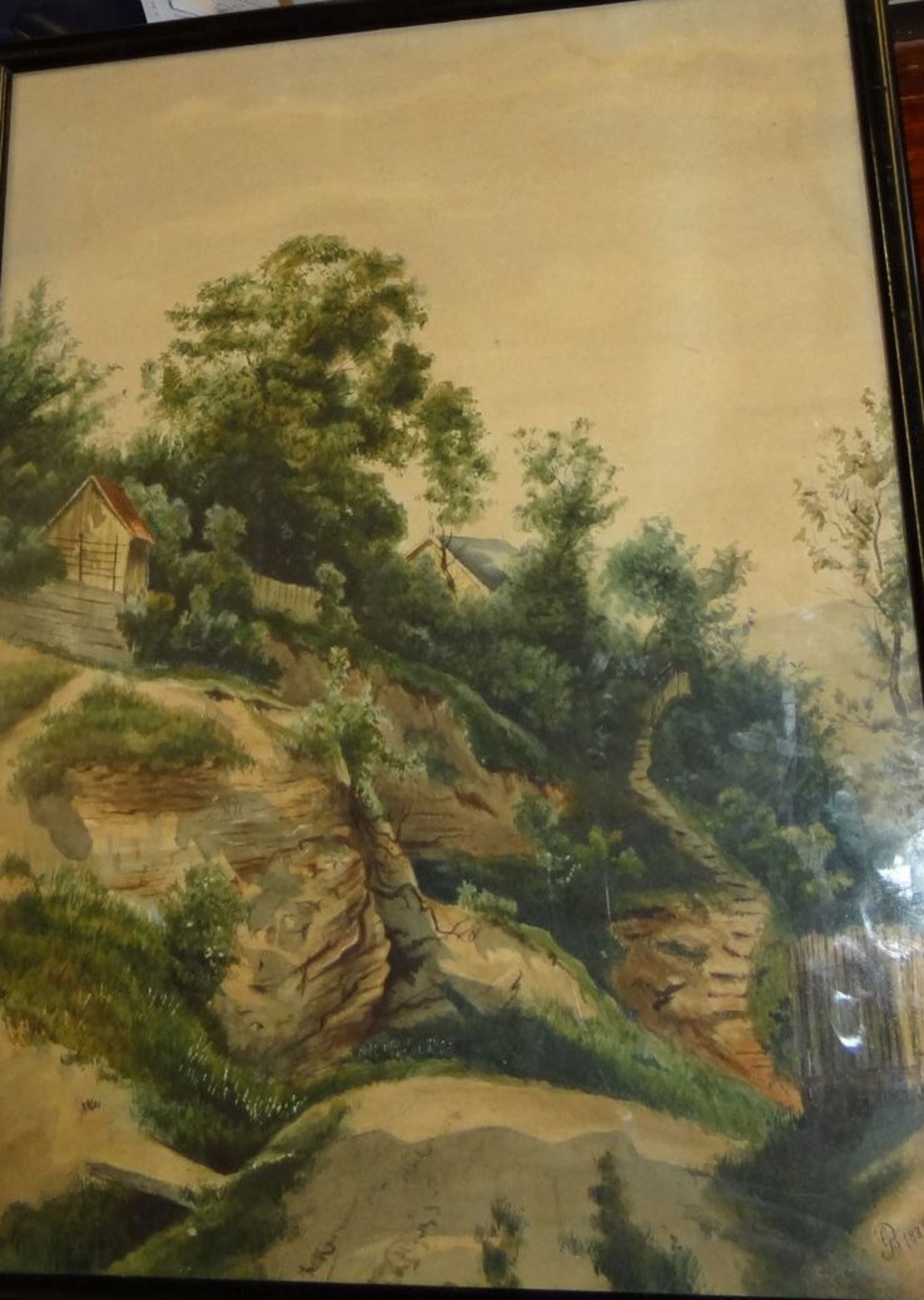 GR 1866, Häuser am Berg, Aquarell, ger/Glas, RG 45x35 c - Bild 4 aus 5