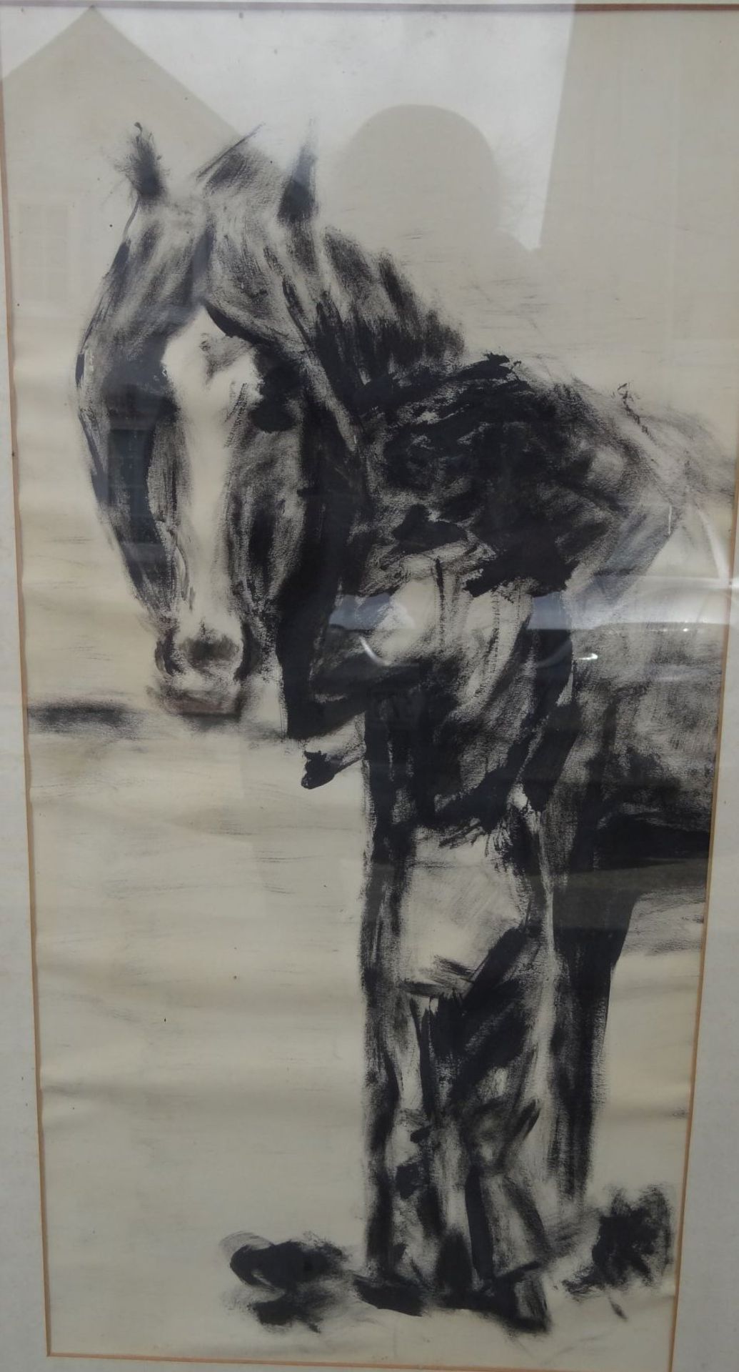 anonyme gropsse Lithografie "Pferd", ger/Glas, RG 73x42 cm