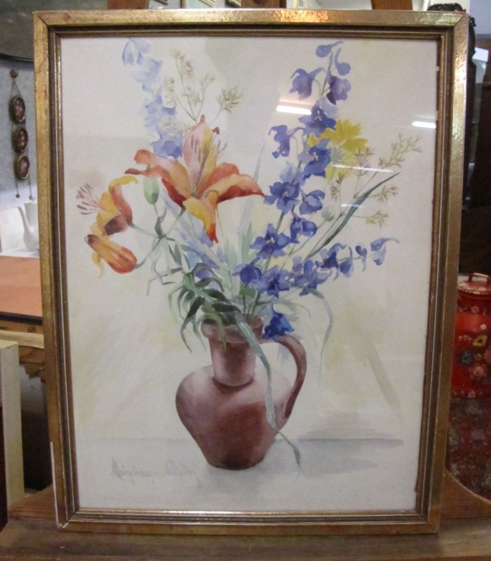 E. Meinshausen-Felsing (1900-) "Strauss in Vase", Aquarell, gerahmt/Glas, RG 62 x 48cm. - Bild 3 aus 3