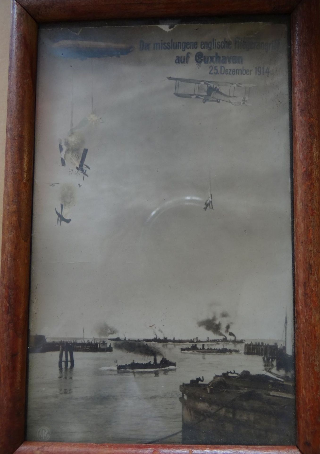 Propaganda-Postkarte "Der misslungene englische Flieger-Angriff auf Cuxhaven" 1914, ger/Glas, RG