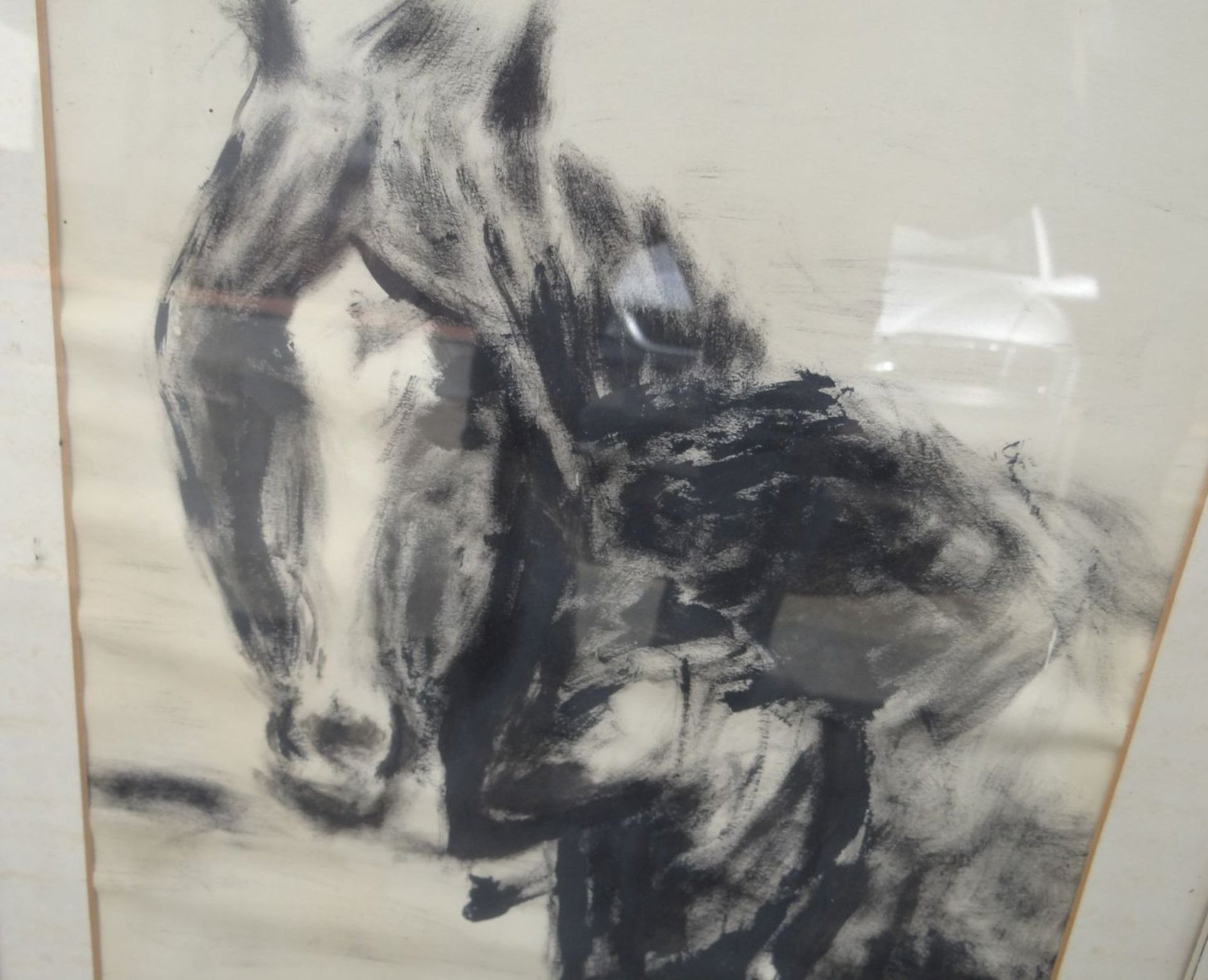 anonyme gropsse Lithografie "Pferd", ger/Glas, RG 73x42 cm - Bild 3 aus 4