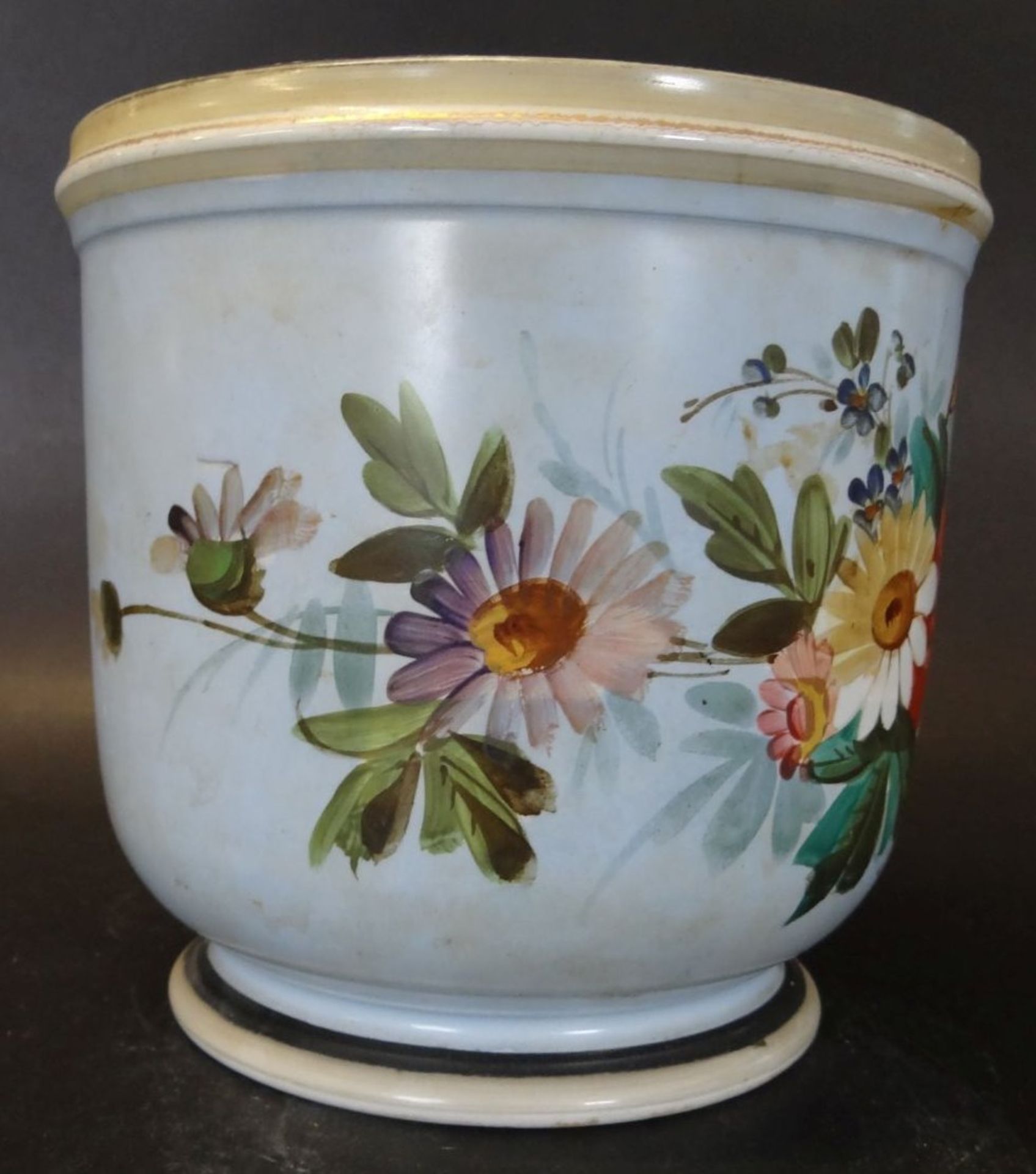 Biedermeier-Blumenübertopf, bemalt, H-17 cm, D-17 cm, Alters-u. Gebrauchsspure - Bild 3 aus 5