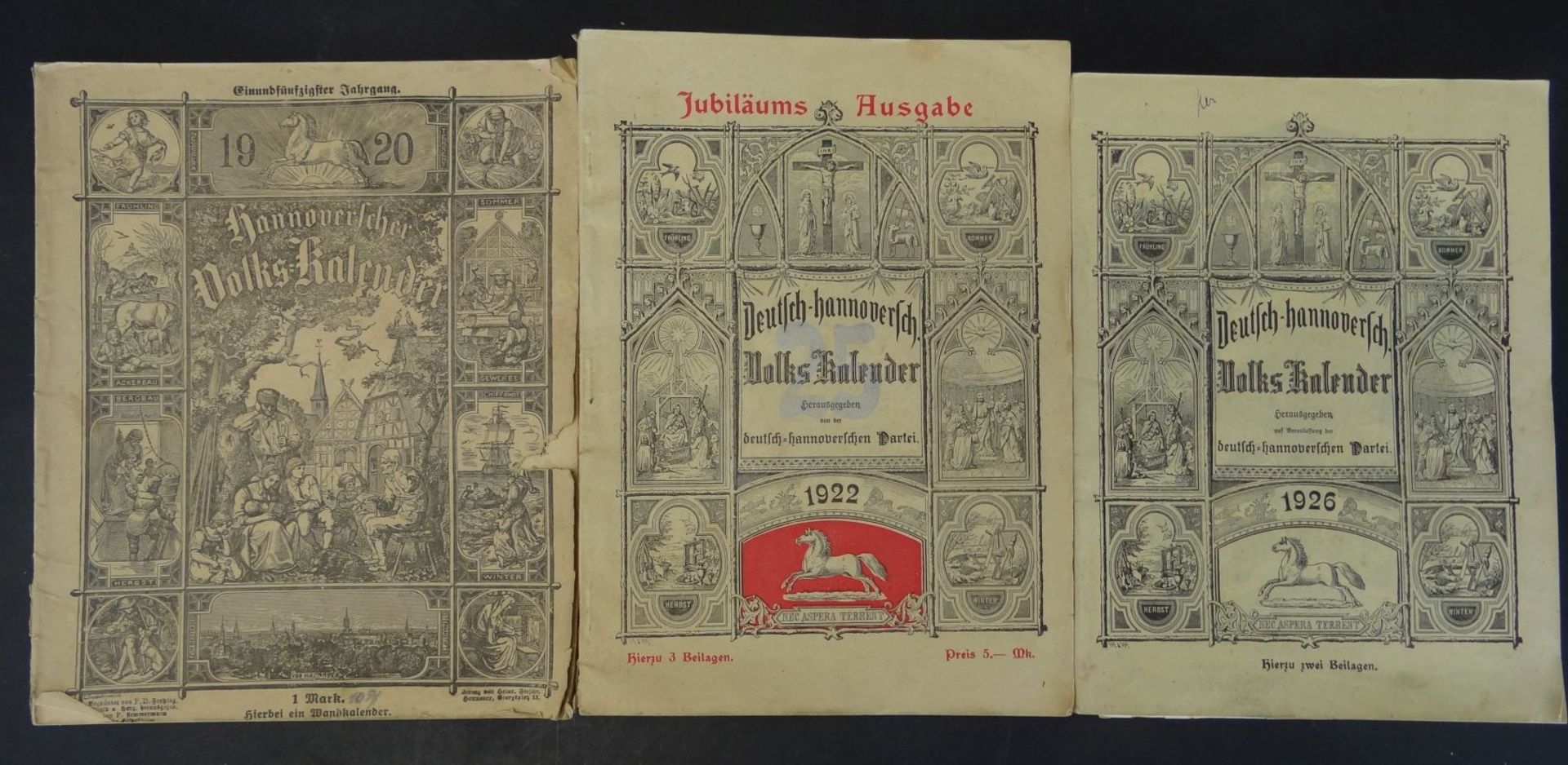 3x "Deutsch hannoverscher Volks-Kalender" , 1920-22-26