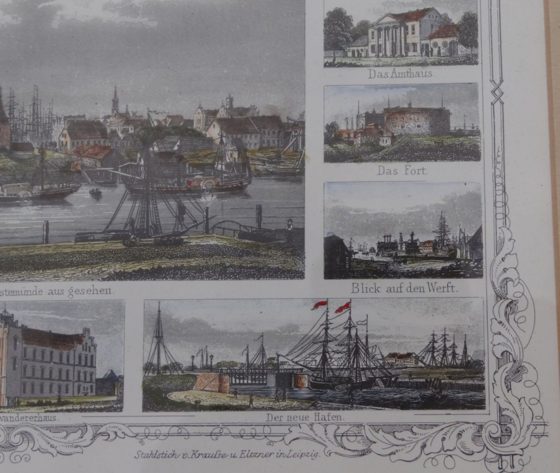 Grafik mit Bremerhaven-Ansichten um 1860, Neuauflage 1985, ger/Glas, RG 38x44 cm - Bild 5 aus 7