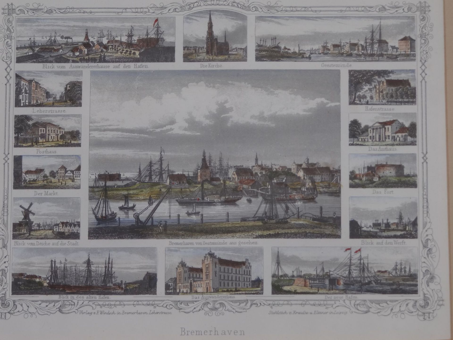 Grafik mit Bremerhaven-Ansichten um 1860, Neuauflage 1985, ger/Glas, RG 38x44 cm - Bild 2 aus 7
