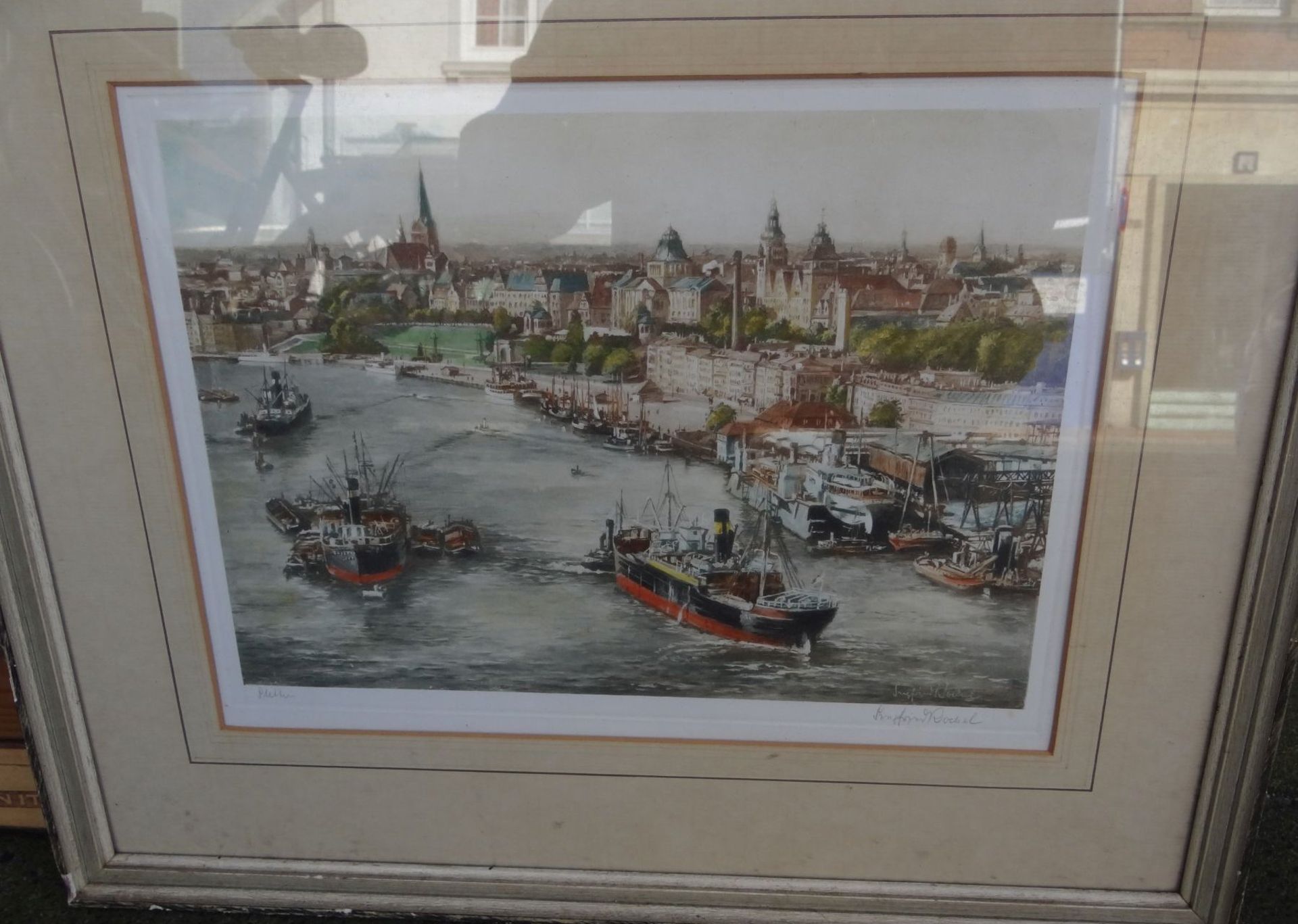 Siegfried ROCHEL (1904-1985) "Hafen Stettin" Farbgrafik, alt ger/Glas, RG 45x55 cm - Bild 2 aus 4