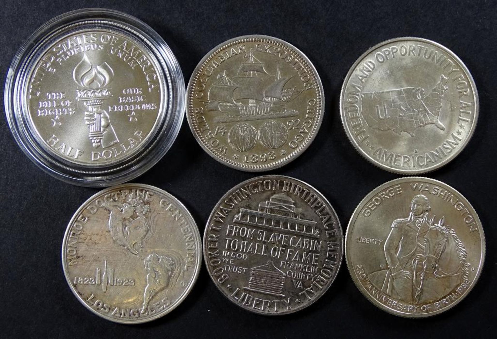 6x Half Dollar,1946,1982D,1953,1893,1923S,1993,ss-stgl.zus.79,9gr.inkl.Öse gemesse