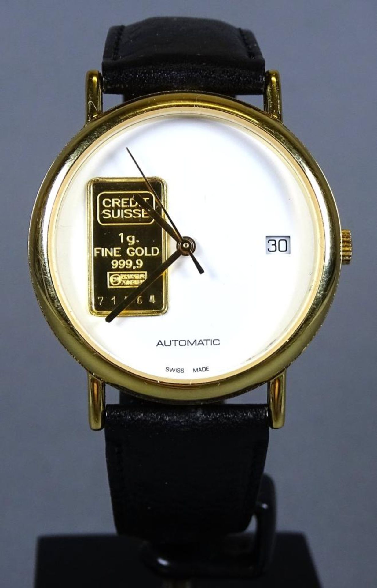 Armbanduhr "Credit Suisse" Goldbarren -999- 1 Gramm, automatik Werk,Werk läuft,swiss made,vergoldete