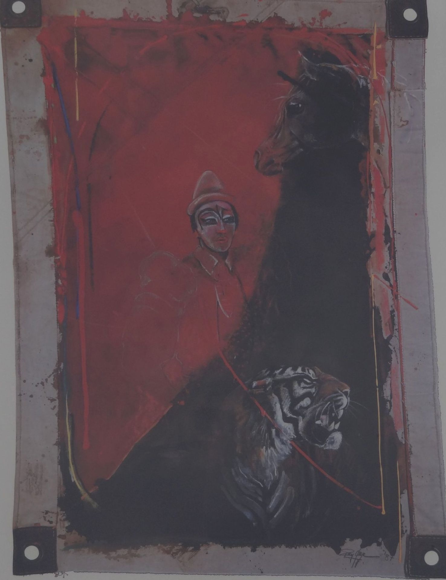 Rolf Knie (1949), Siebdruck, Zierkusmotiv mit Tiger, in Platte bezeichnet, ger/Glas, RG 55x43 cm