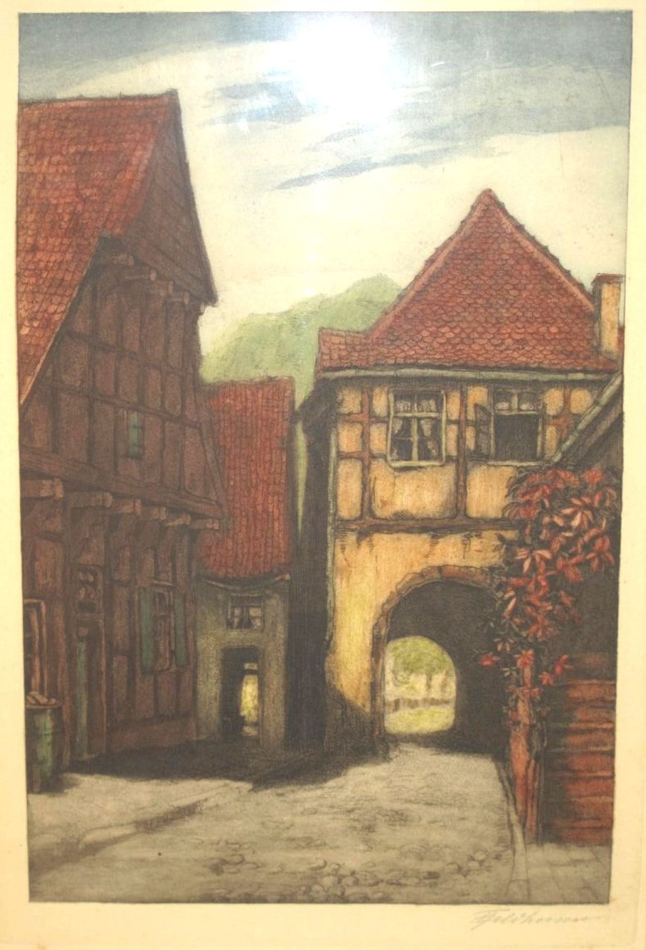 Anna FELDHUSEN (1867-1951) "Stadttor von Tecklenburg", Farbradierung, gerahmt/Glas, RG 53,5 x 41cm.