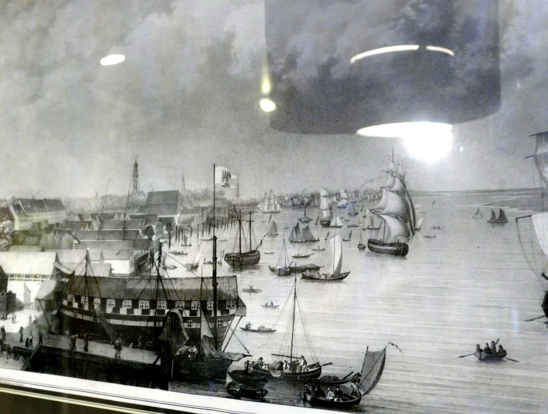 grosse Lithografie nach A.Kaufmann, Hamburger Hafen, 19.Jhd., ger/Glas, leicht fleckig, RG 56x75 cm - Bild 4 aus 6