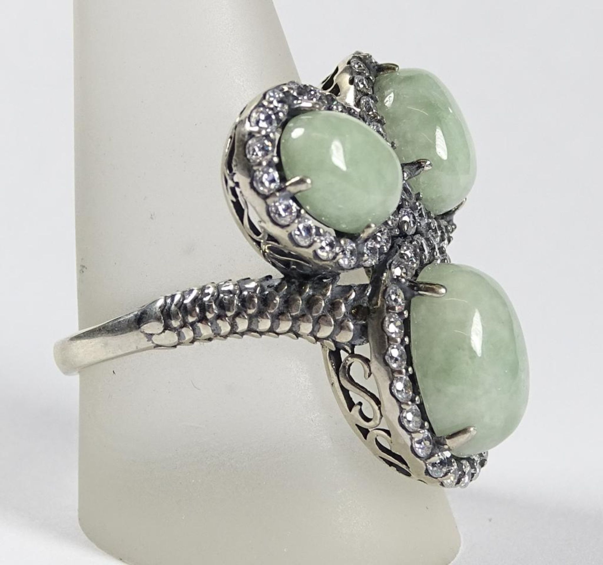 Jade Ring mit Zirkone,Silber 925er, 8,5gr., RG 60 ,Kopf 27x23mm - Bild 2 aus 3