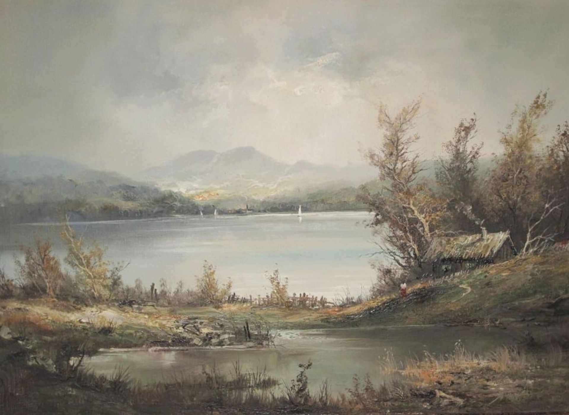 unleserl.signiert "Seenlandschaft", Öl/Leinwand, gut gerahmt, RG 88 x 118cm.