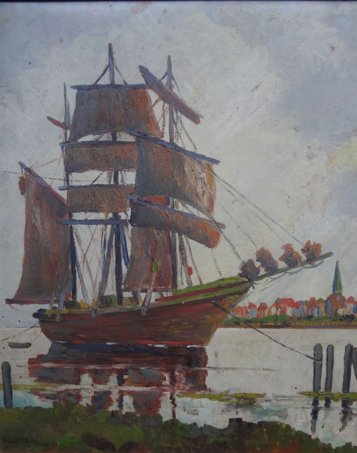 unleserl. signiert "Segelschiff vor Stadtansicht", Öl/Platte, alt gerahmt um 1920, RG 66x55 c