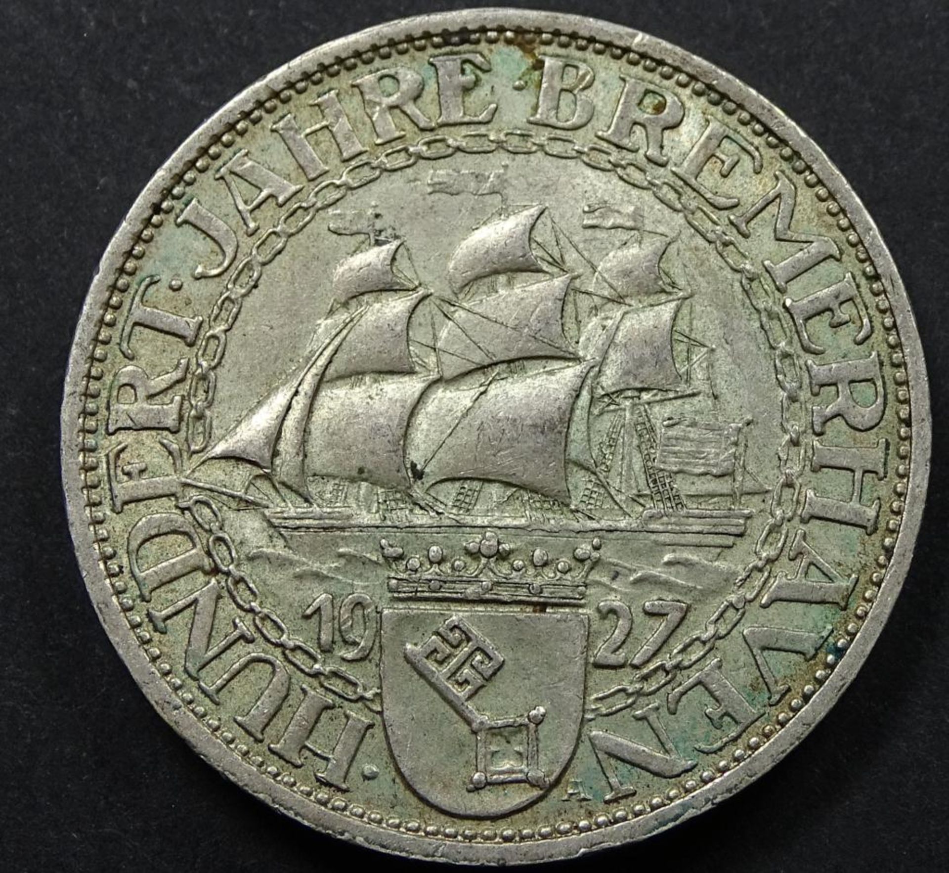 Drei Reichsmark, 1927,Bremerhaven,Silber,d-30mm, 15gr. - Bild 2 aus 2