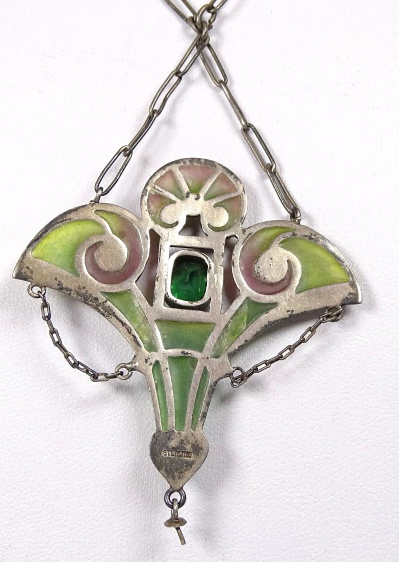 Jugendstil Collier um 1900,Pique a Plaque,Markasiten Besatz, grüner Stein,kl.Perle fehlt,ca.L- 50, - Bild 4 aus 5