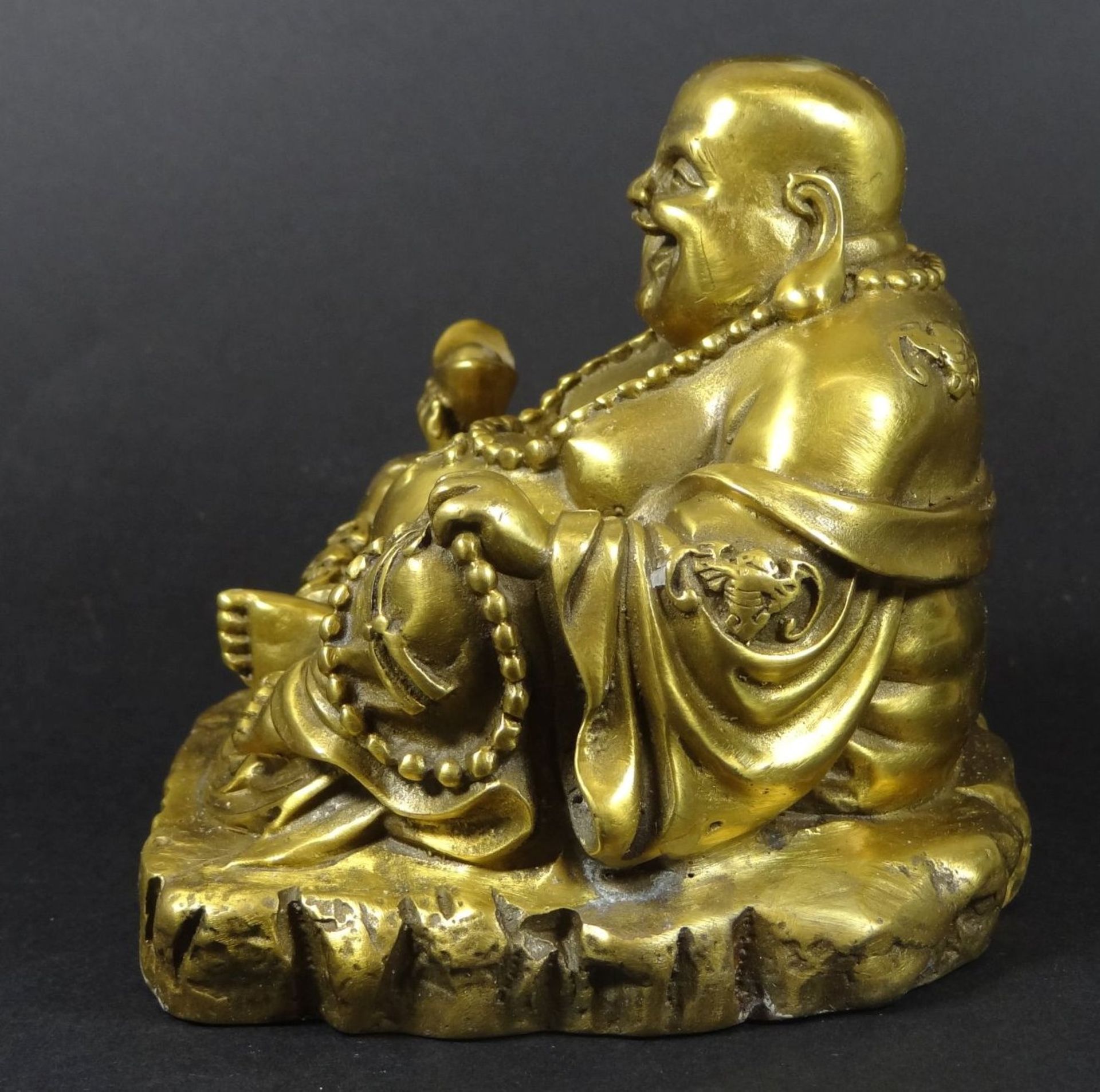 Messing Buddha, chines. beschriftet, H-9 cm, 9,5x9,5 cm - Bild 2 aus 5