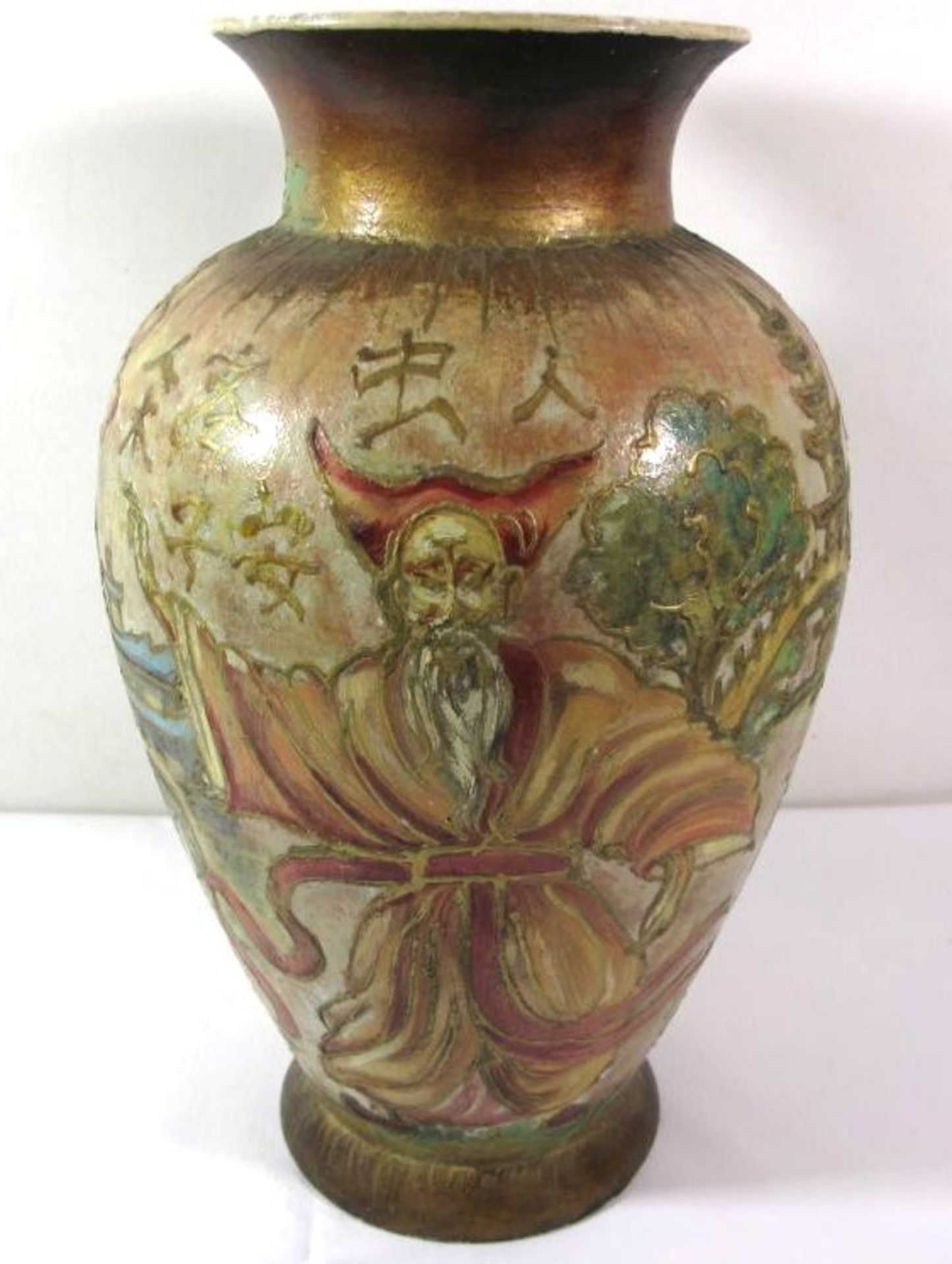 hohe Vase, China-Dekor, Emaillemalerei, teilw. Farbabplatzer, 60/70er Jahre H-34,5cm. - Bild 2 aus 4