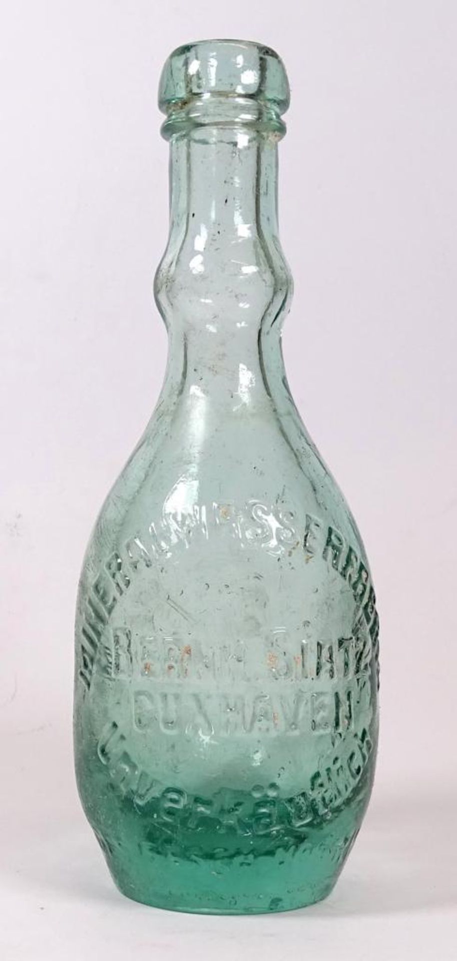 Glasflasche,"Mineralwasserfabrik Bernh.Siatz-Cuxhaven","unverkäuflich",nummeriert,H-18,5cm,Alters-