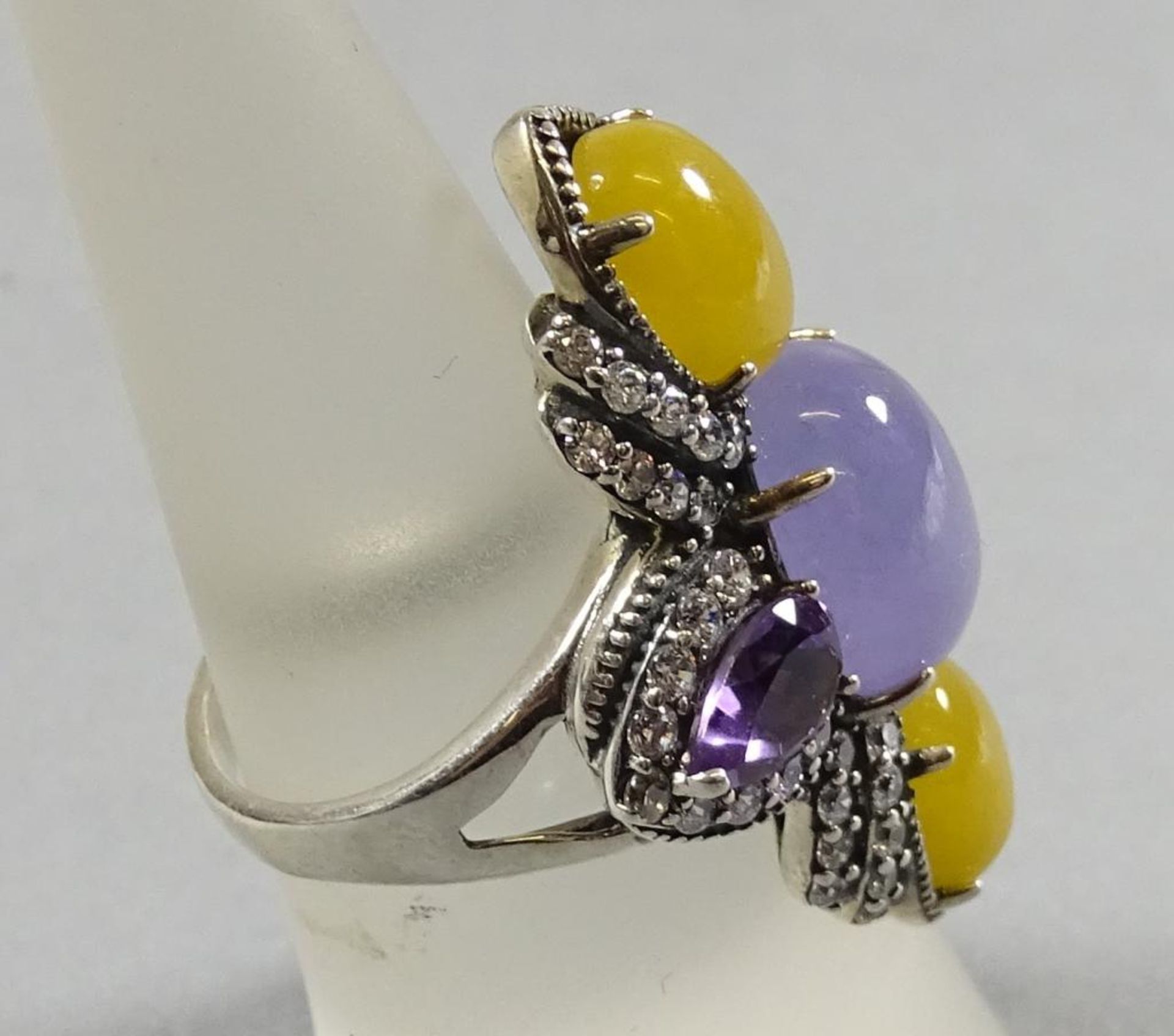 Ring,Silber,gelbe und Lavendel Jade,Zirkone,L-33,4mm,Amethyste, 9,6gr.,RG 53 - Bild 2 aus 2