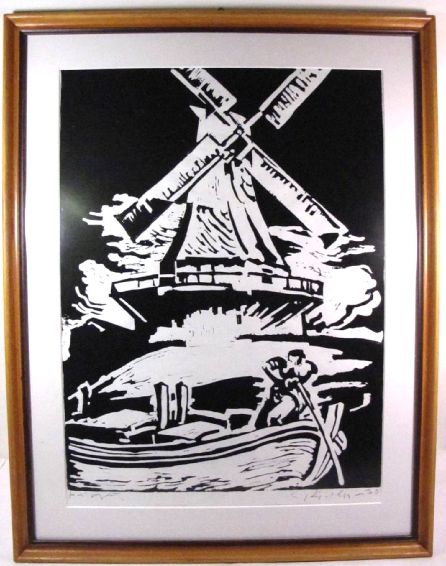 unleserl.signierter Holzschnitt "Mühle", gerahmt/Glas, RG 69 x 53cm. - Bild 2 aus 4