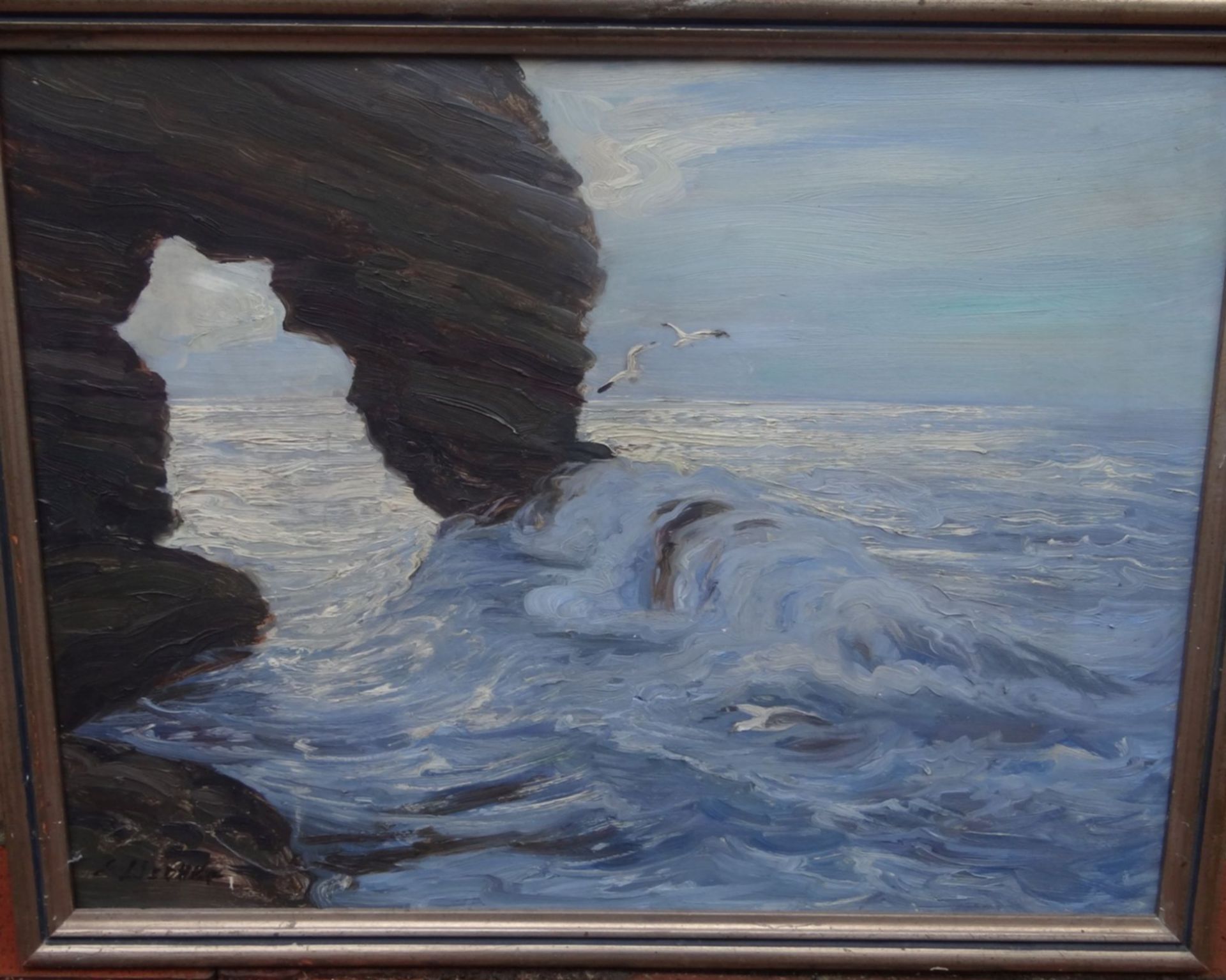 Emmy LISCHKE (1860-1919) "Küstenlandschaft mit Möwen" Öl/Platte, alt gerahmt, RG 52x67 cm, rückseitg - Bild 3 aus 6