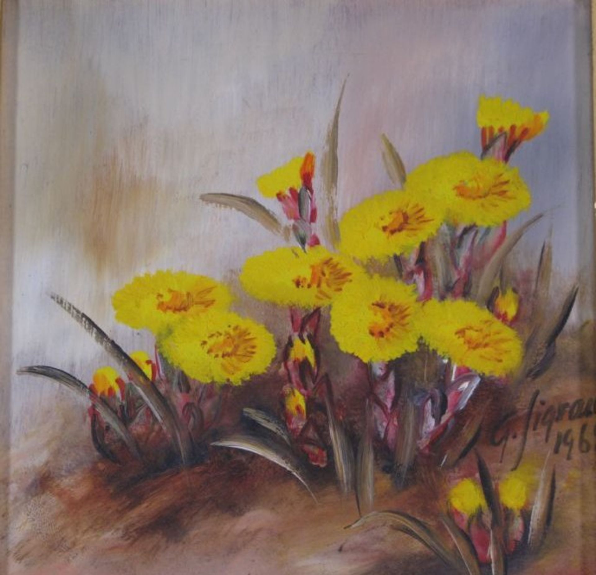 G.Sigrand 1964 "Blumen", Öl/Hartfaser^, gerahmt, RG 19,5 x 19,5cm.