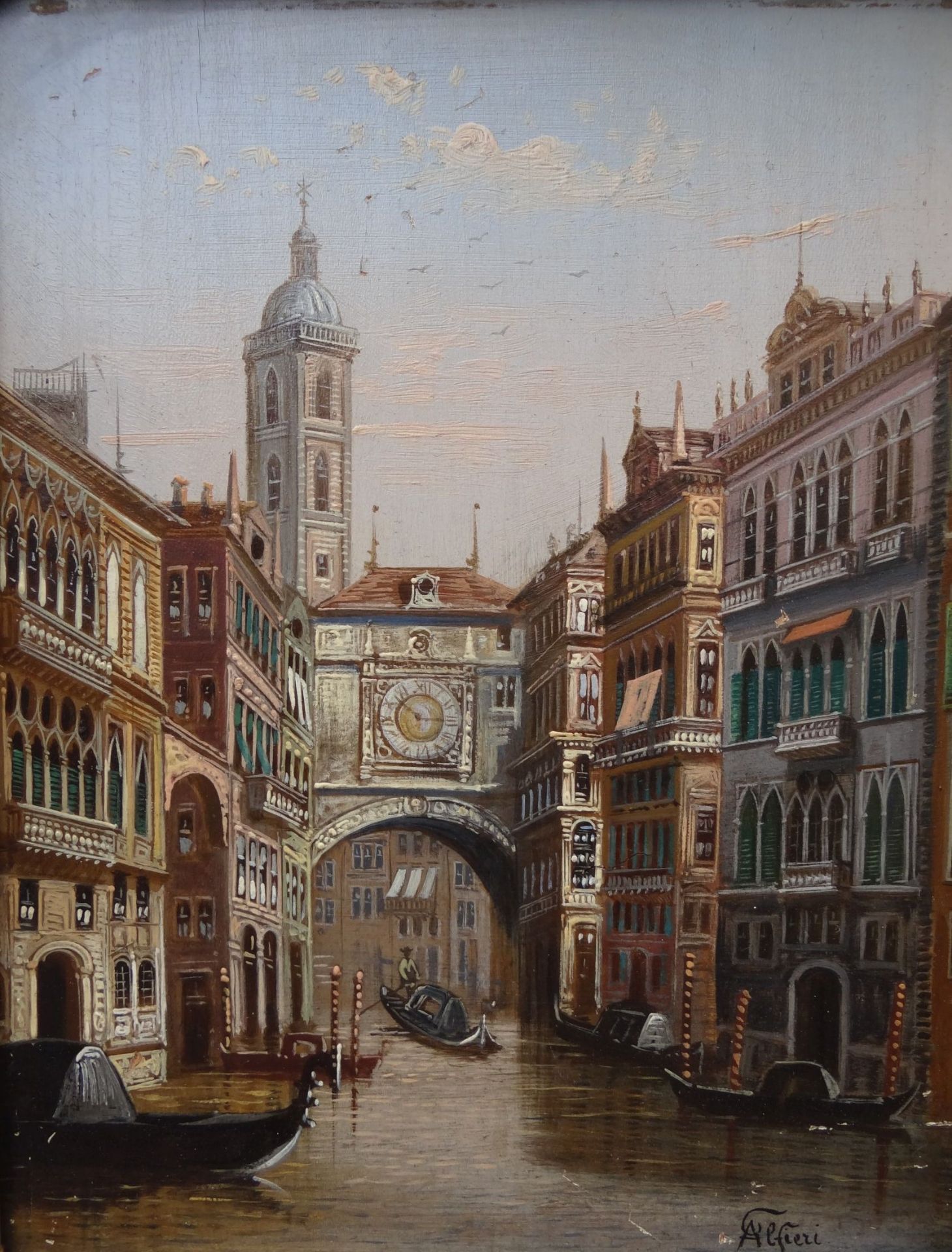 C. ALFIERI (XIX-XX) "Ansicht eines Kanales in Venedig", Öl/Holz, kleine Kratzer etc., 26x21 cm,