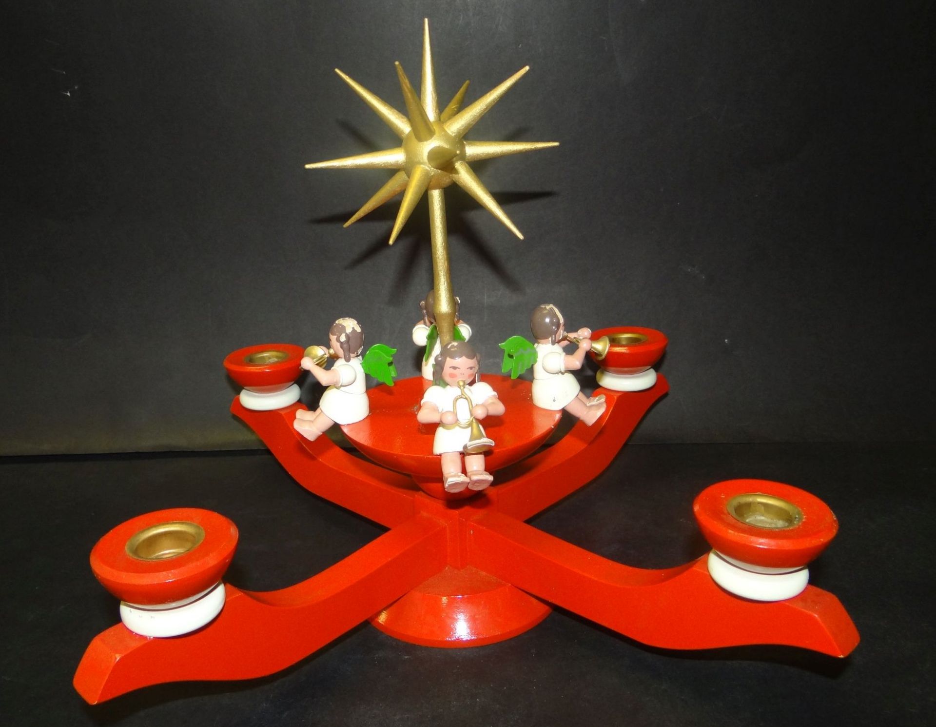 gr. Advent-Kerzenhalter mit Engeln, Erzgebirge, älter, H-26 cm, D-36 cm - Bild 2 aus 7