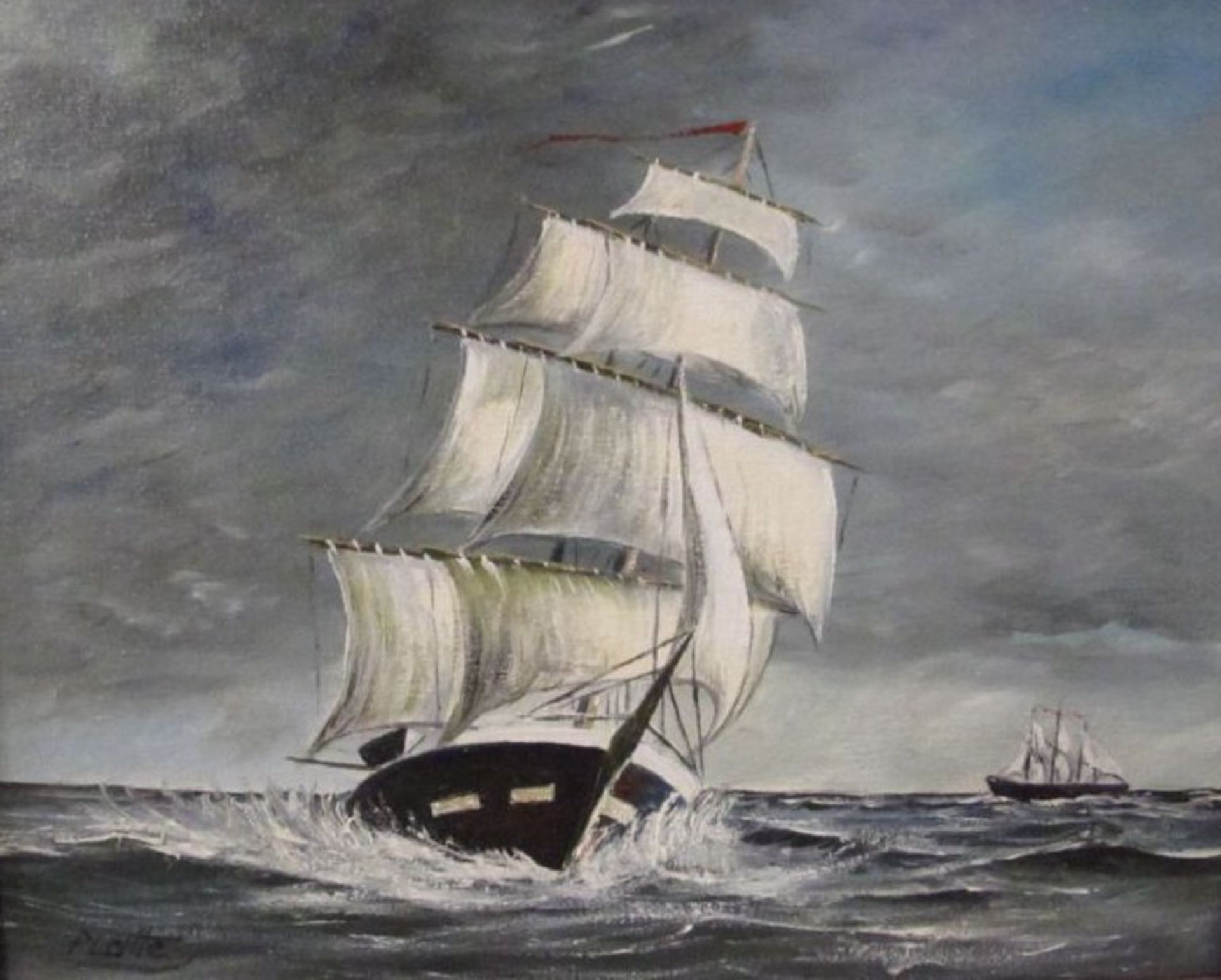 Platte "Segelschiff vor Cuxhaven", Öl/Hartfaser^, verso betitelt, gerahmt, RG 33 x 39cm.