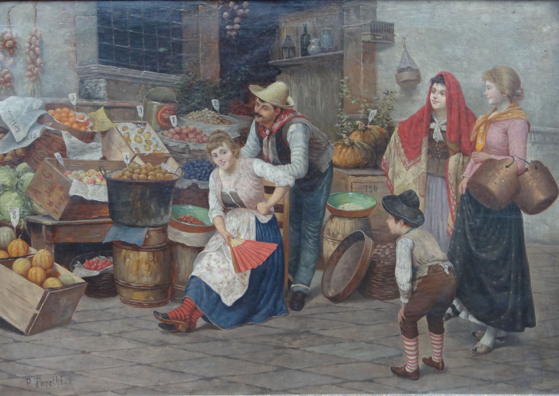 Pietro TORETTI (1888-1927) "Toskanischer Marktstand", Öl/Leinen, gerahmt, RG 63x84 c