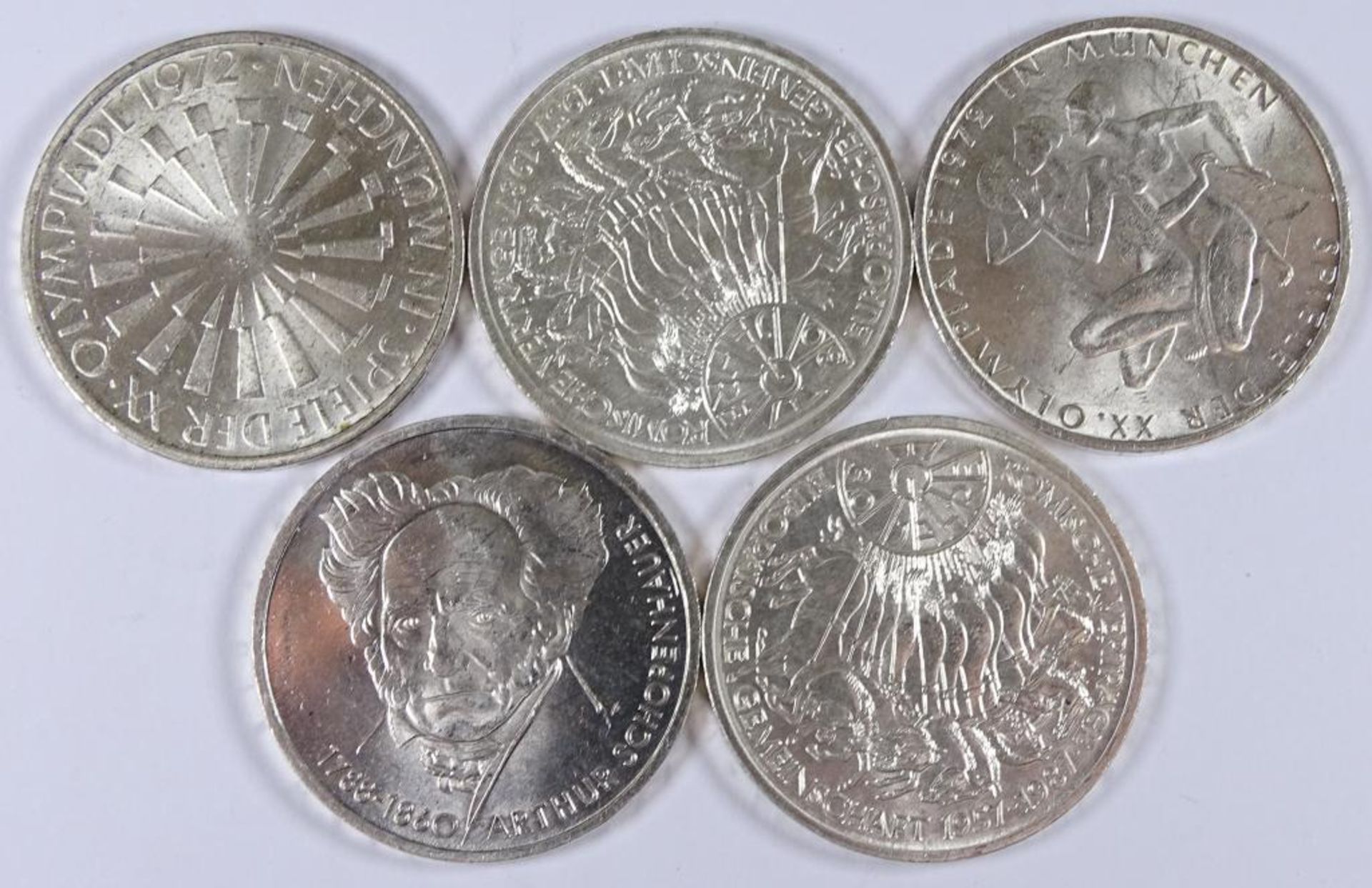 5x 10 DM Münzen = 50 Deutsche Mark, 1972 D, F, 1987G,1987G,1988 - Bild 2 aus 2