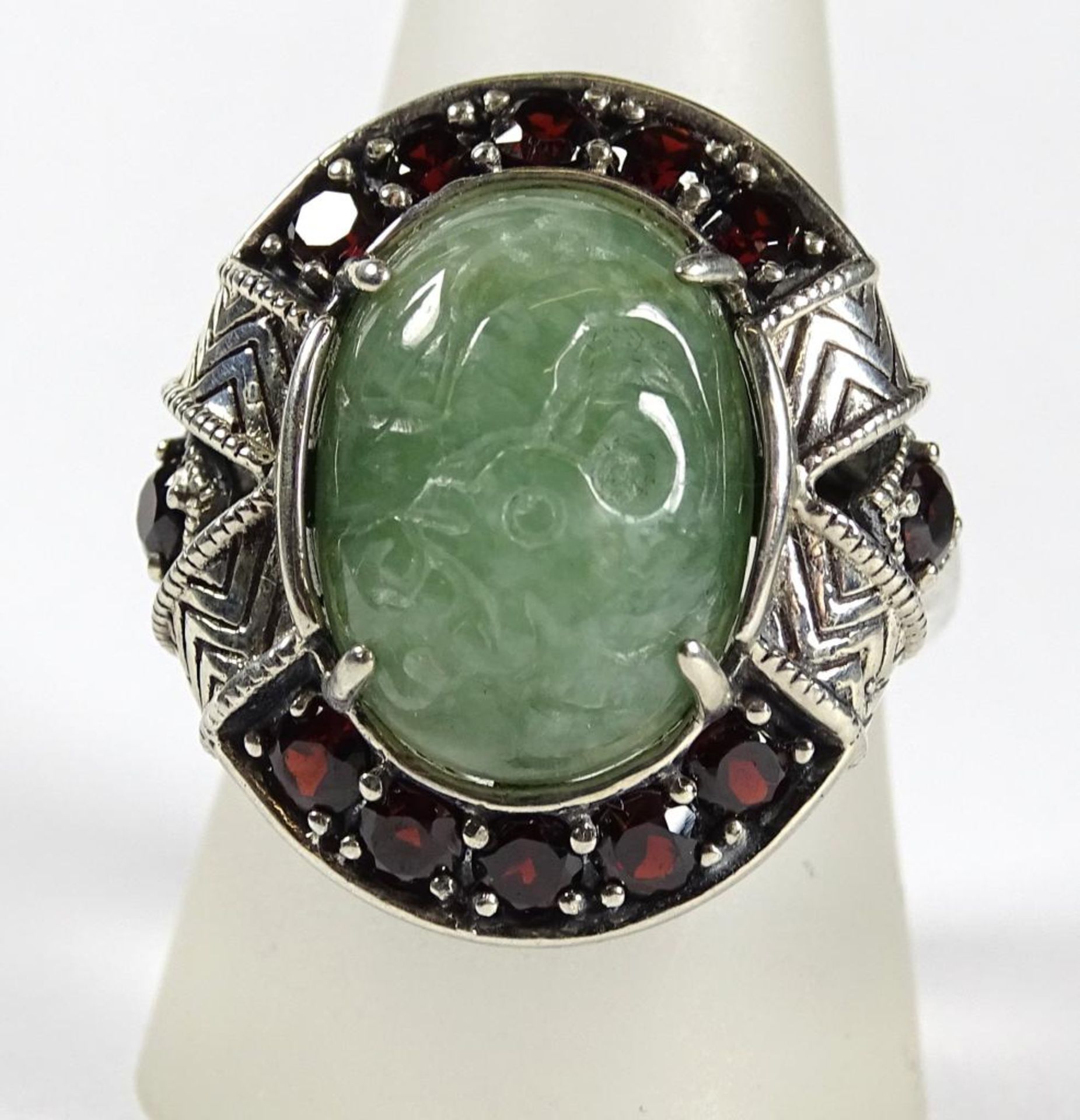 Ring,Silber 925er, Jade und Granat, 9,3gr., RG 60 , Kopf 23x21mm