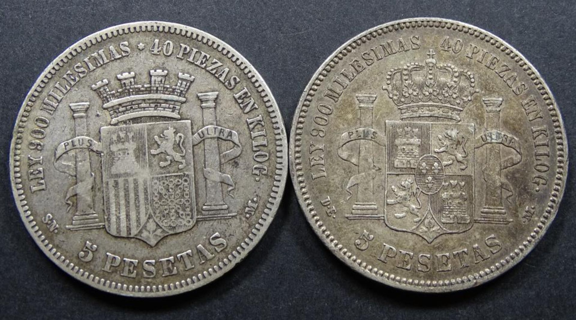 2x 5 Pesetas,Spanien,Silber,zus. 49,1gr.