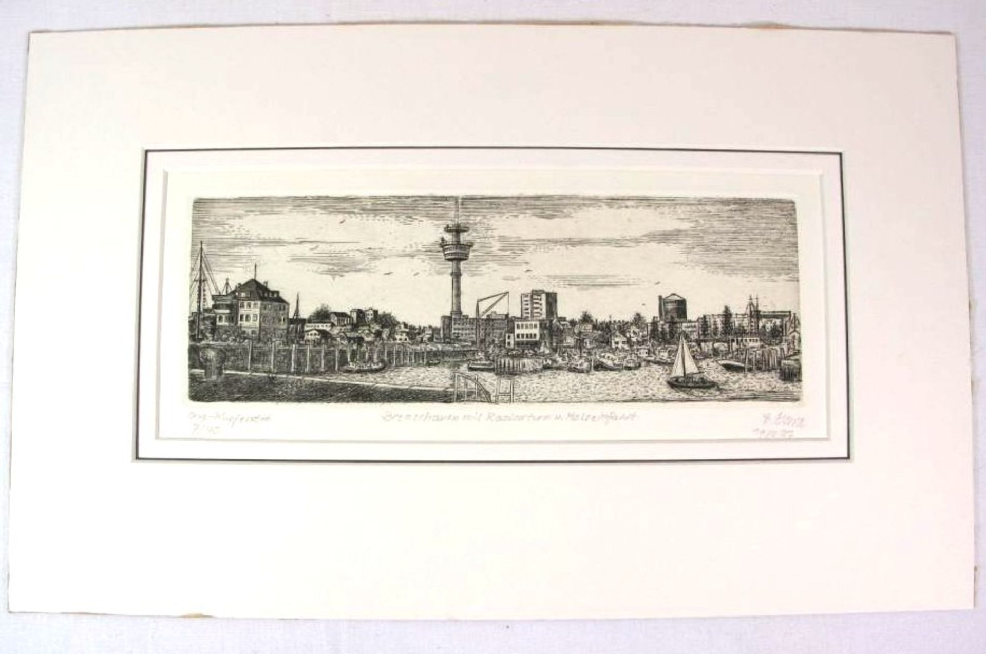 Radierung "Bremerhaven mit Radarturm und Moleeinfahrt", unleserl. signiert, datiert 1987,