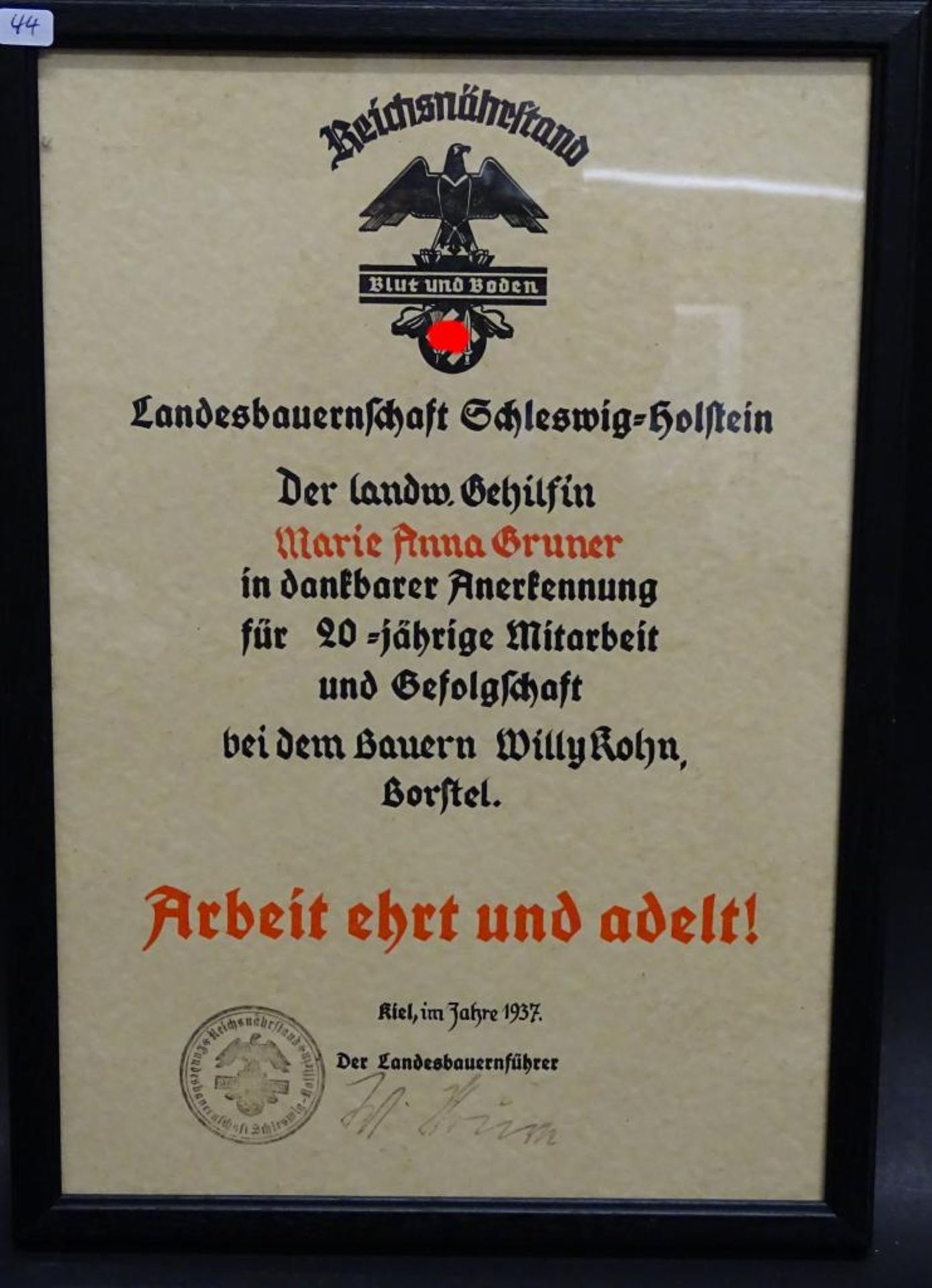 Anerkennung für Mitarbeit,Reichsnährbund,Blut und Boden,ger/Glas,RG 31,5x22,5