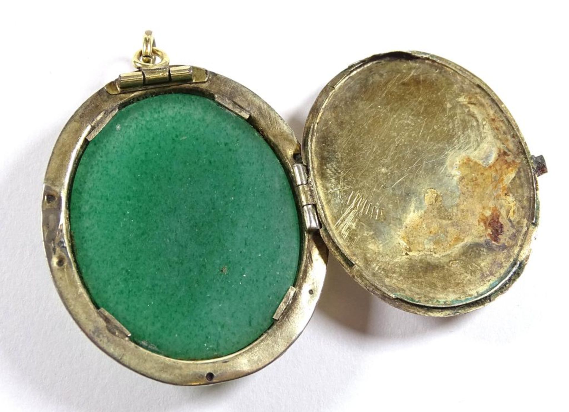 Antiker Annhänger,Gold um 14K, und Silber, Jade Cabochon,38x32mm, 11,6gr - Bild 3 aus 3