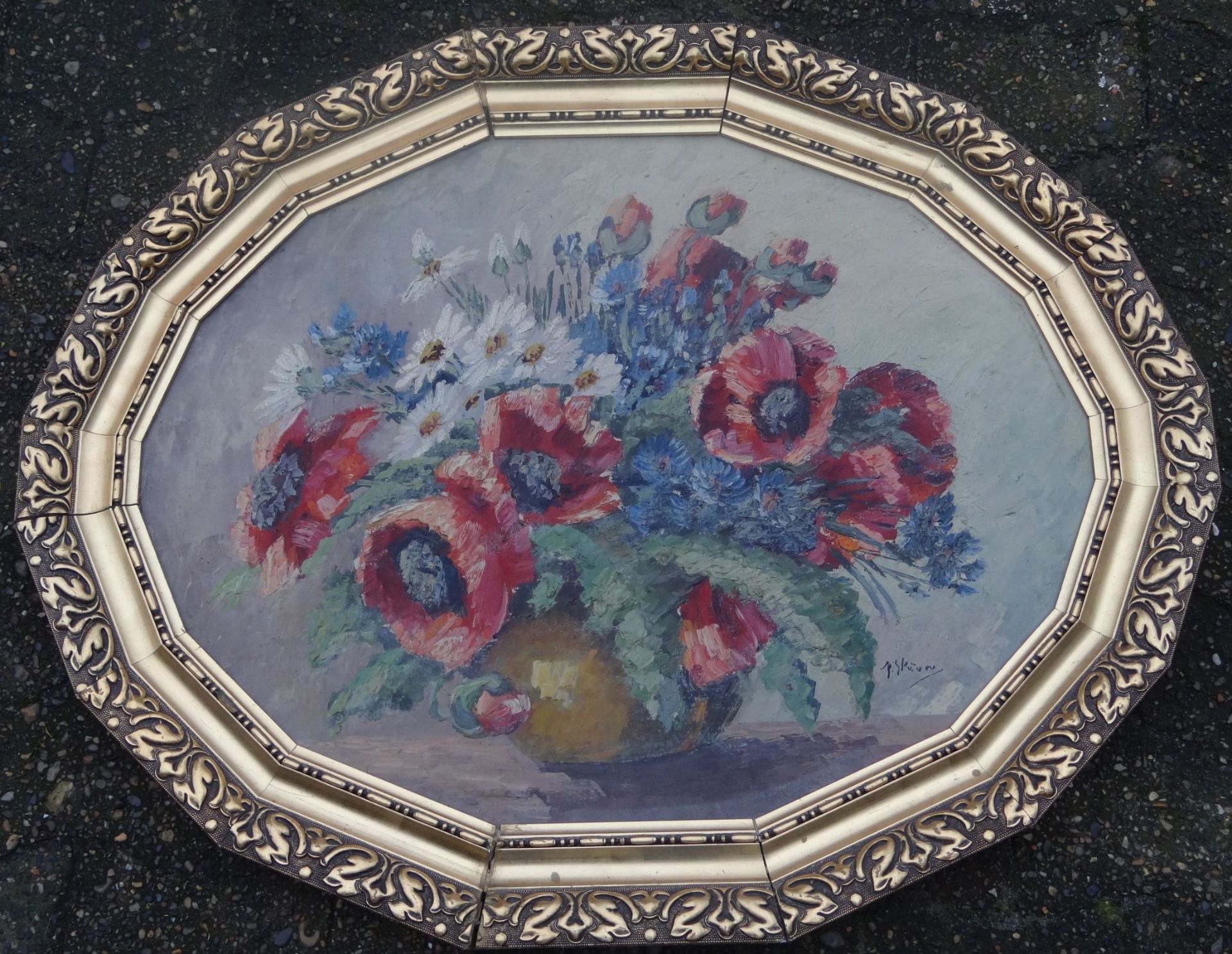 Paula STÖVER (1916) "Blumenstilleben" ovaler Goldrahmen,Alters-u. Gebrauchsspuren, 77x93 c