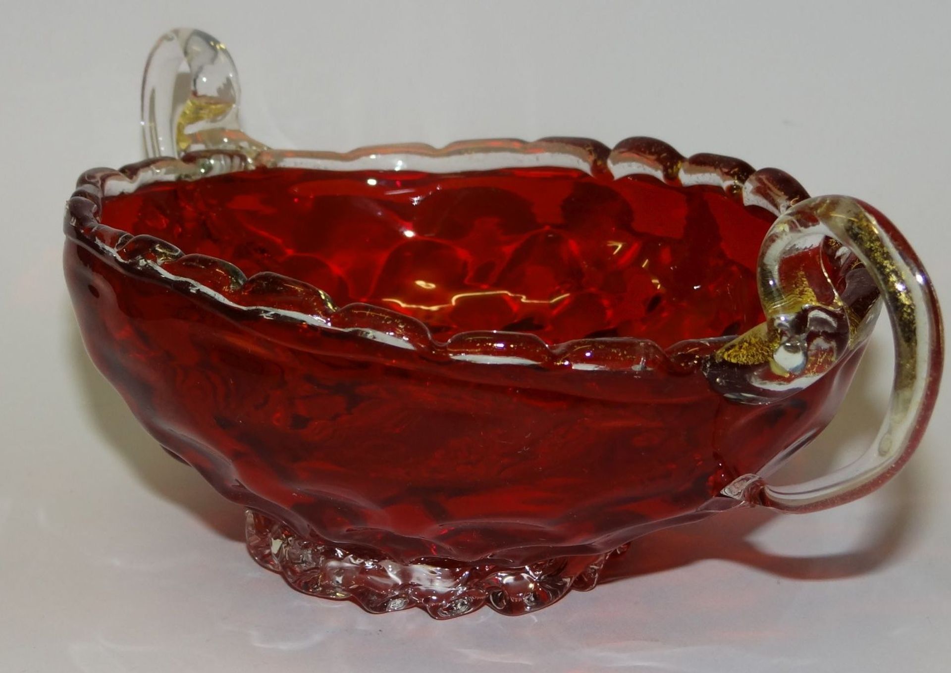 Henkelschale, rot/klar "Murano", bei einem Henkel fehlt Abschluss, H-9 cm, 13x23 cm - Bild 3 aus 5