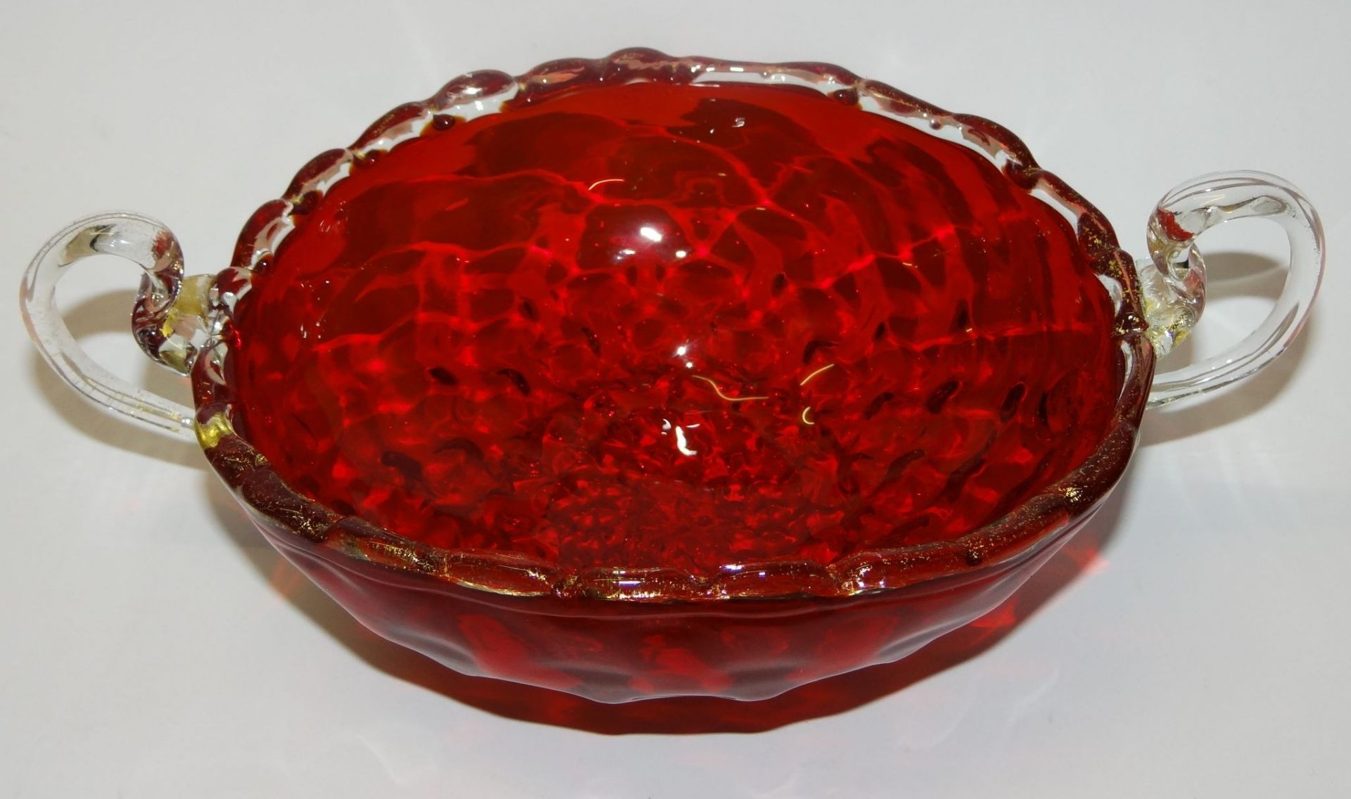 Henkelschale, rot/klar "Murano", bei einem Henkel fehlt Abschluss, H-9 cm, 13x23 cm - Bild 2 aus 5