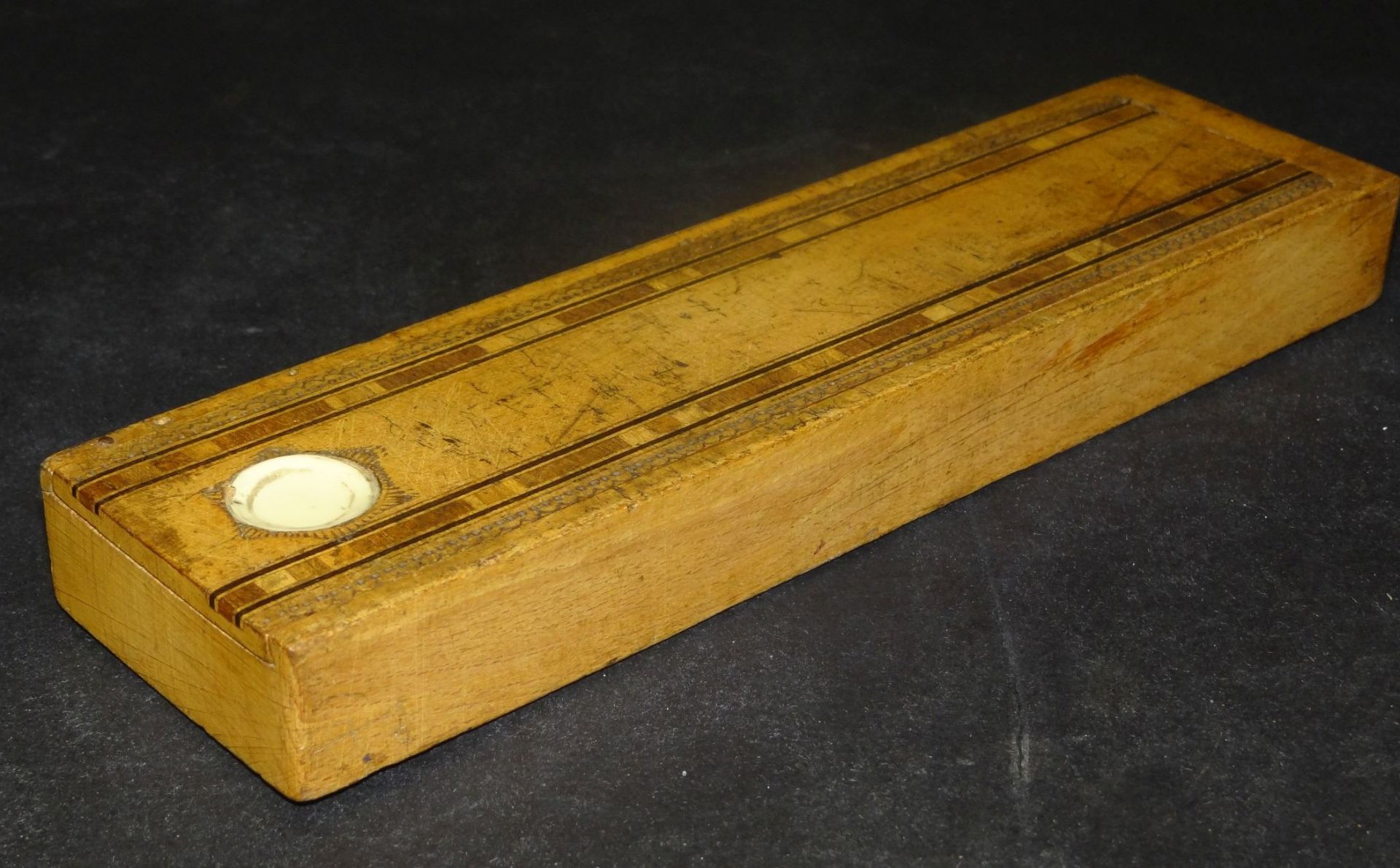 Federpenal, Holz intarsiert, älter, Alters-u. Gebrauchsspuren, 23x6 c - Bild 5 aus 5