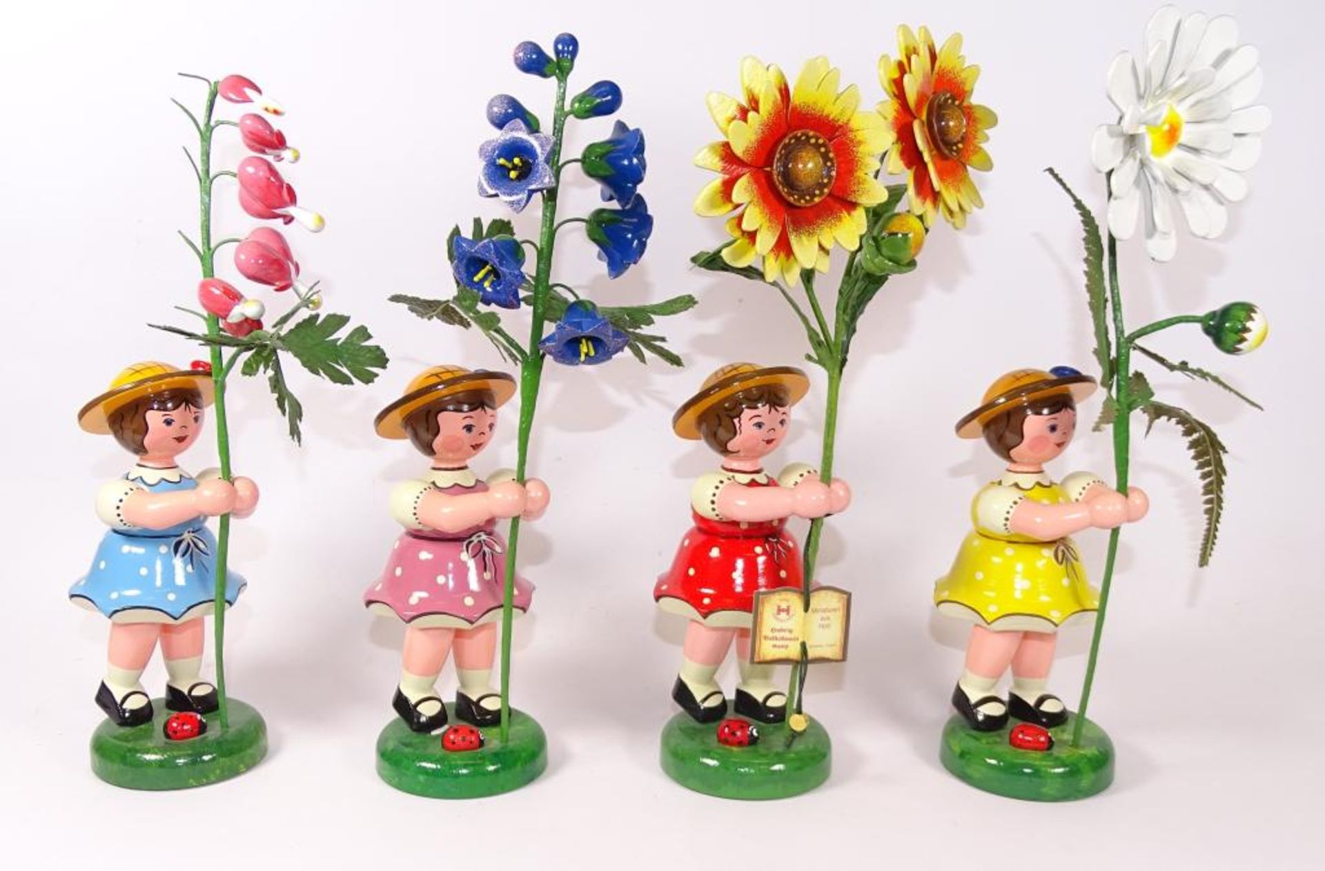 Vier große Blumen Kinder,"Hubrig",Volkskunst,H- 14,5cm,ges.Höhe 25