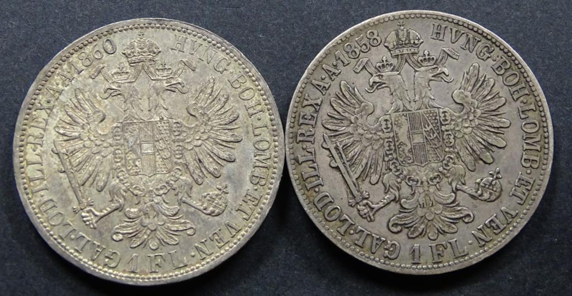 2x 1 FL.Österreich, 1858ss + 1860 stgl